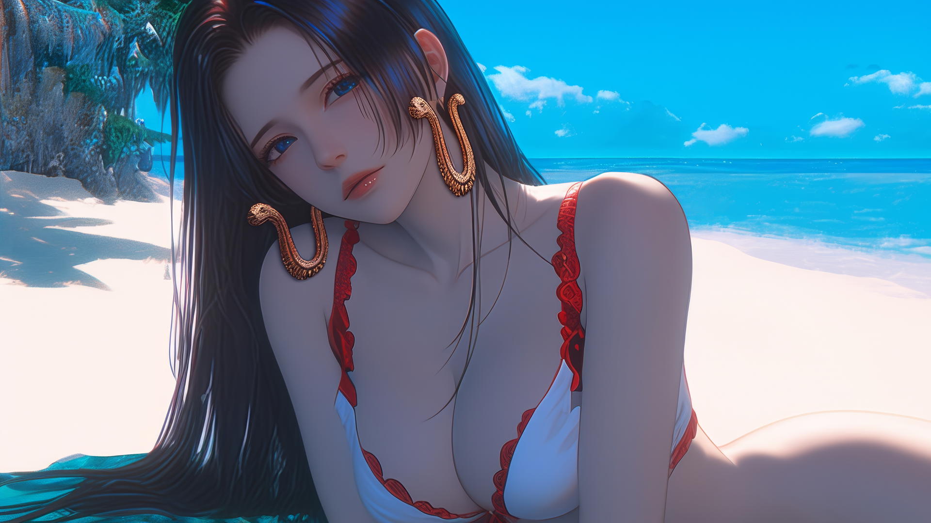 Boa Hancock at a beach in warm light