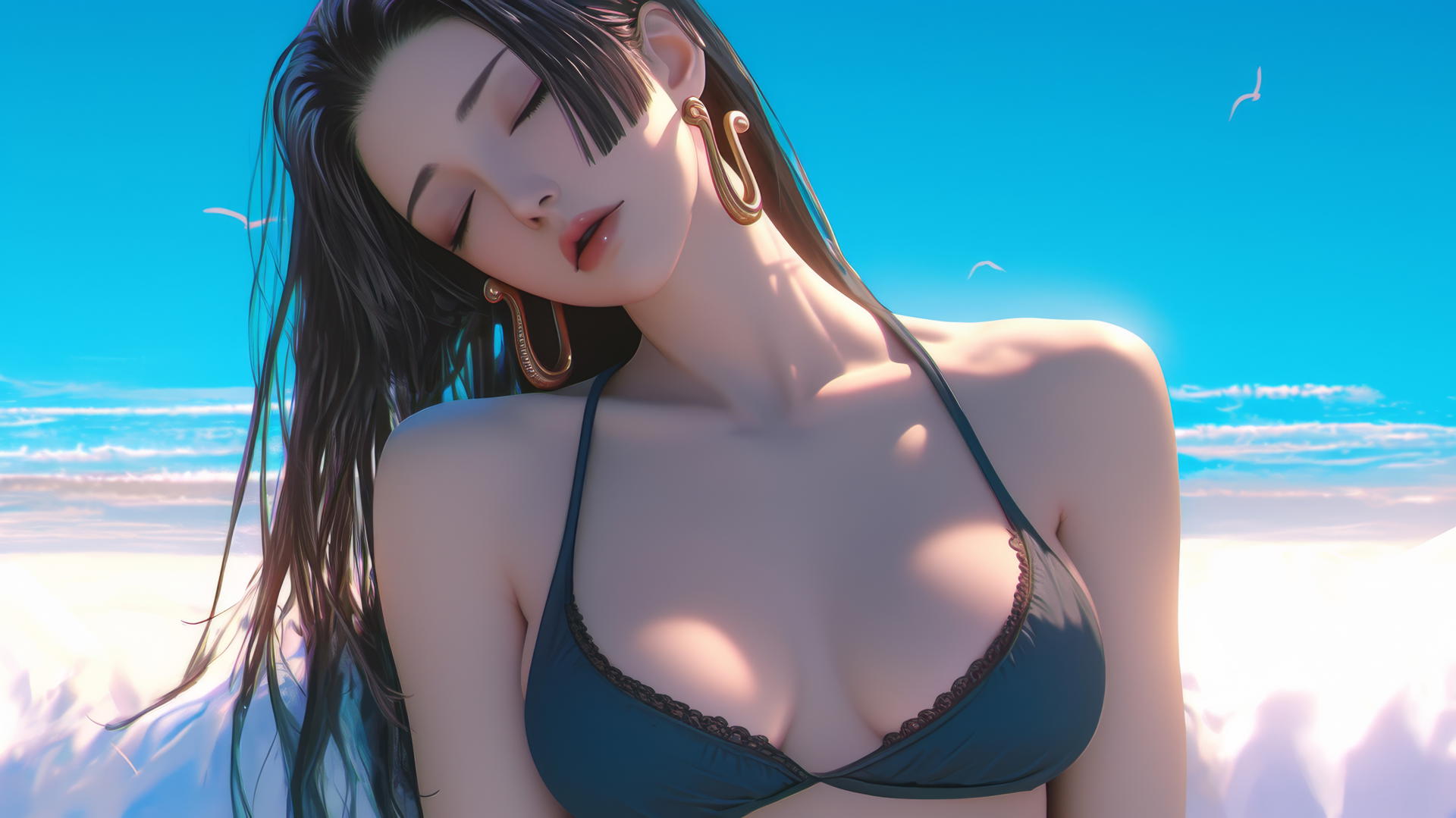Boa Hancock from One Piece, resting at a beach with warm light glow