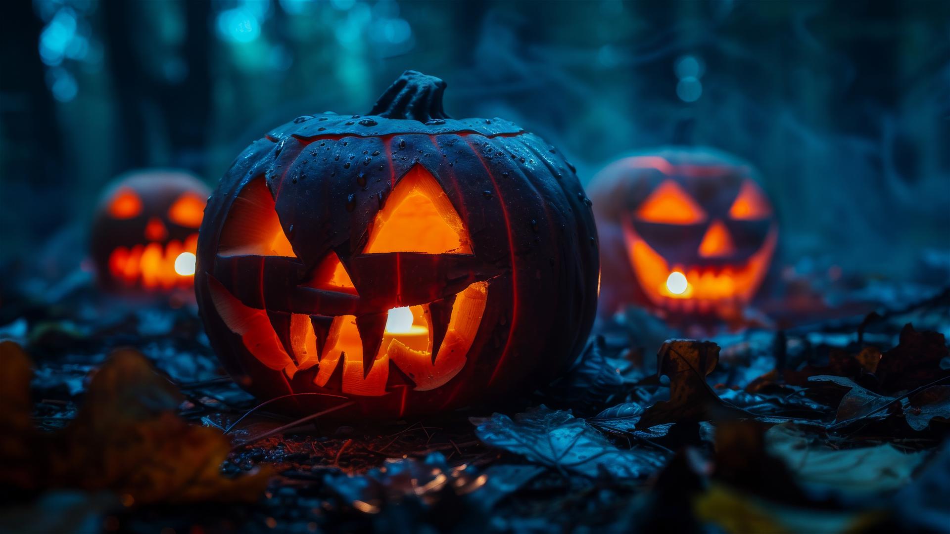 Halloween-themed background with spooky elements and dark colors.