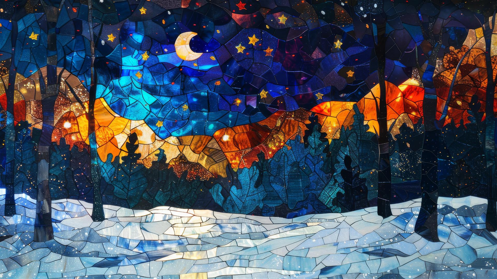 Brilliant stars in a quiet night with light snowfall in stained glass style
