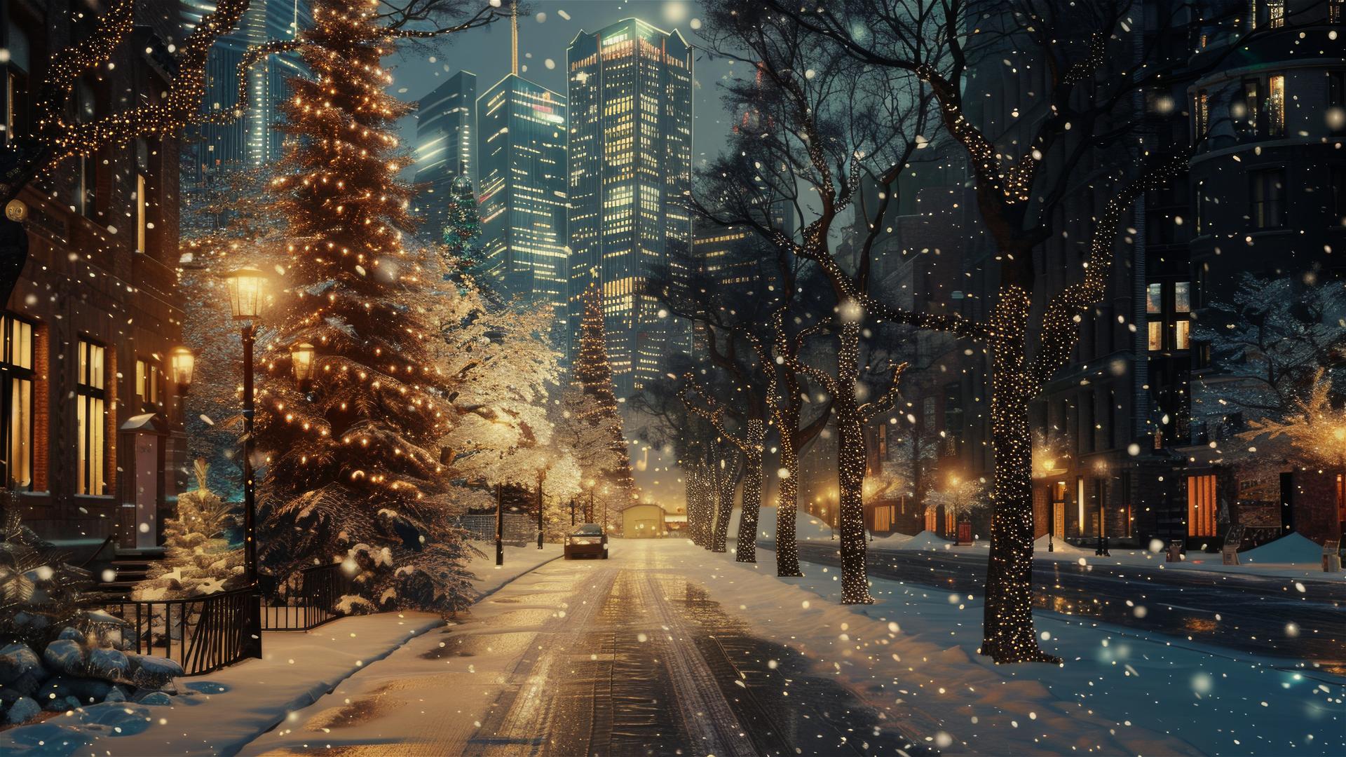 Christmas night on a silent street in a modern city