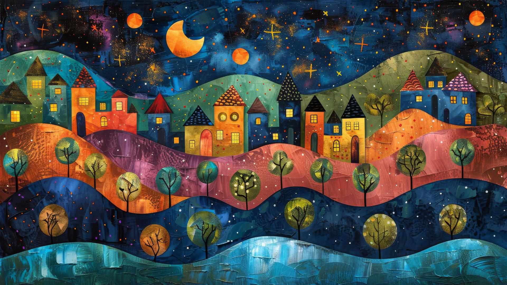 City street lined with buildings under a starry night, vibrant handpainted details.
