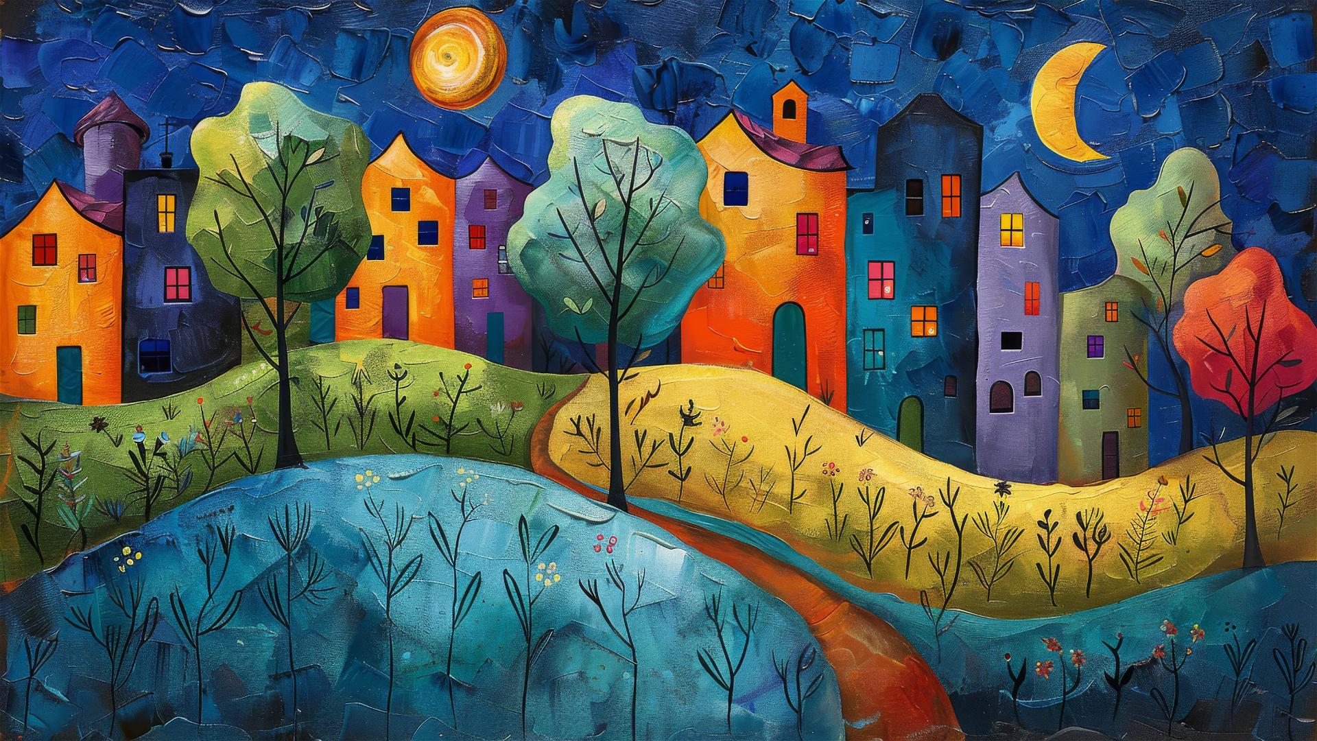 City street with vibrant buildings under a starry night, inspired by Van Gogh