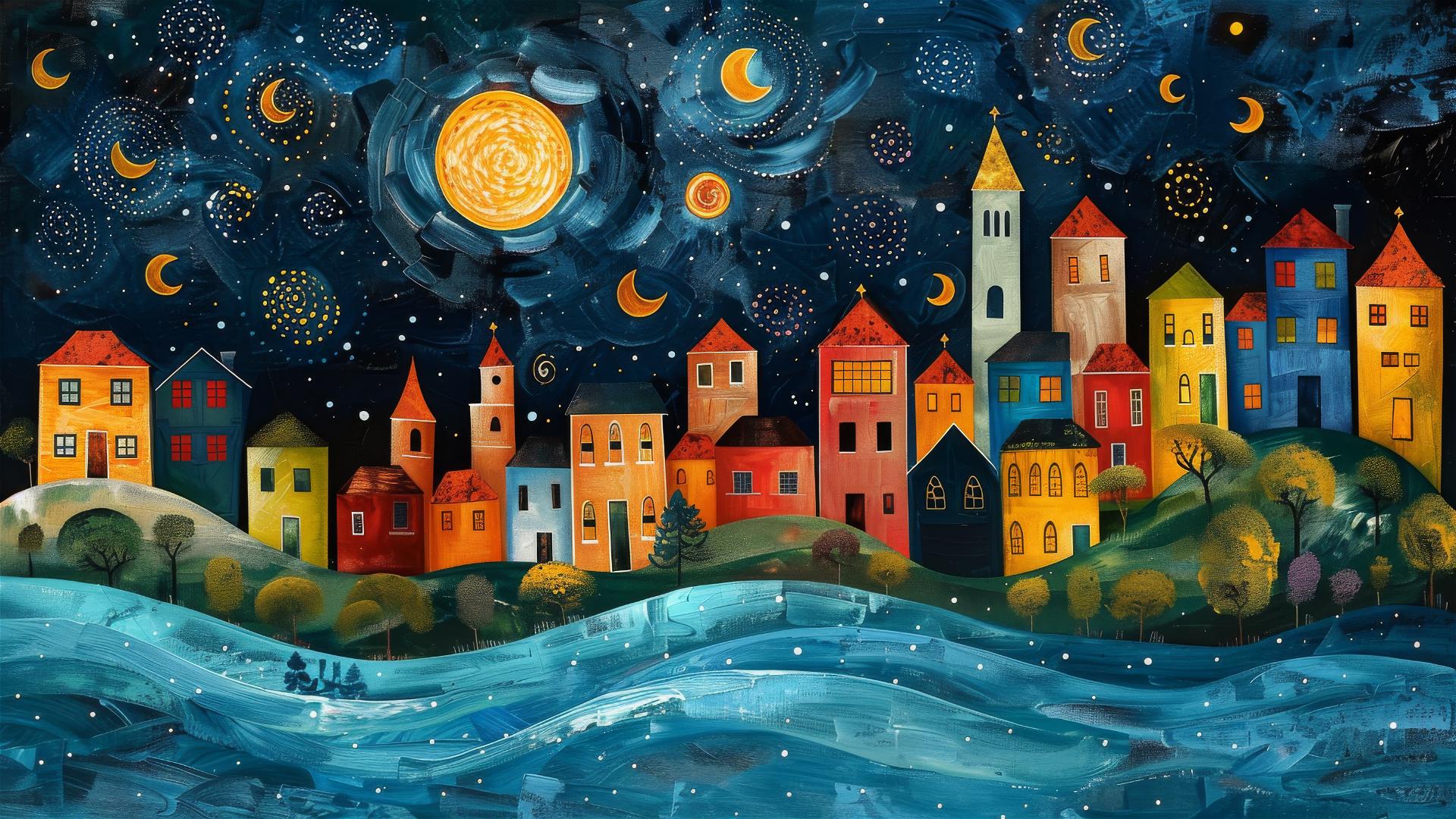 City street with buildings under starry night, vibrant colors, Van Gogh style