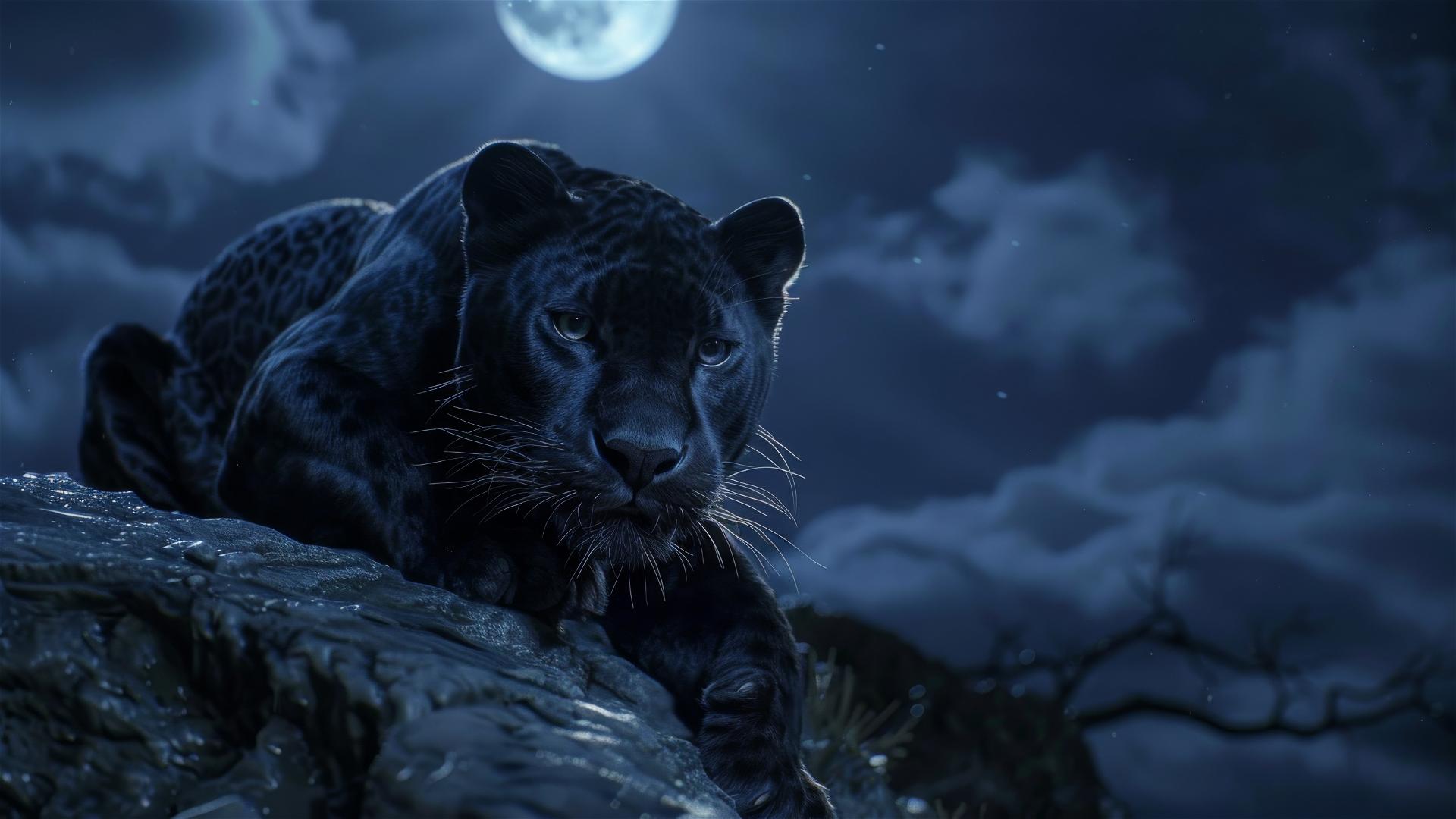 Black panther perched on rocky ledge in moonlight with glossy fur and intense eyes.
