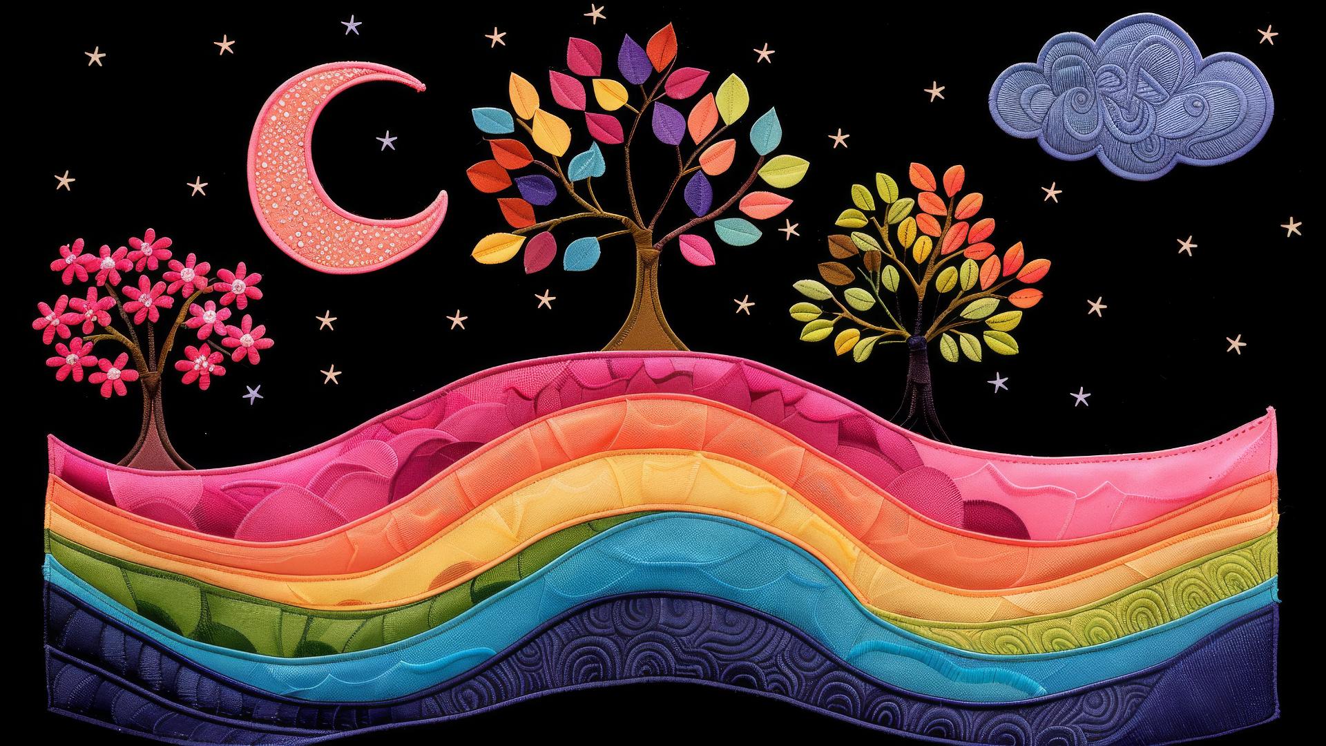 Autumn forest with hidden creatures under starry sunset sky, inspired by Gustave Klimt