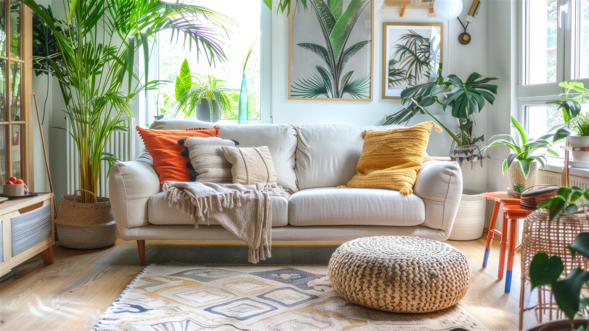 Eclectic bohemian and Scandinavian styled living room with lush plants, artwork, and natural light