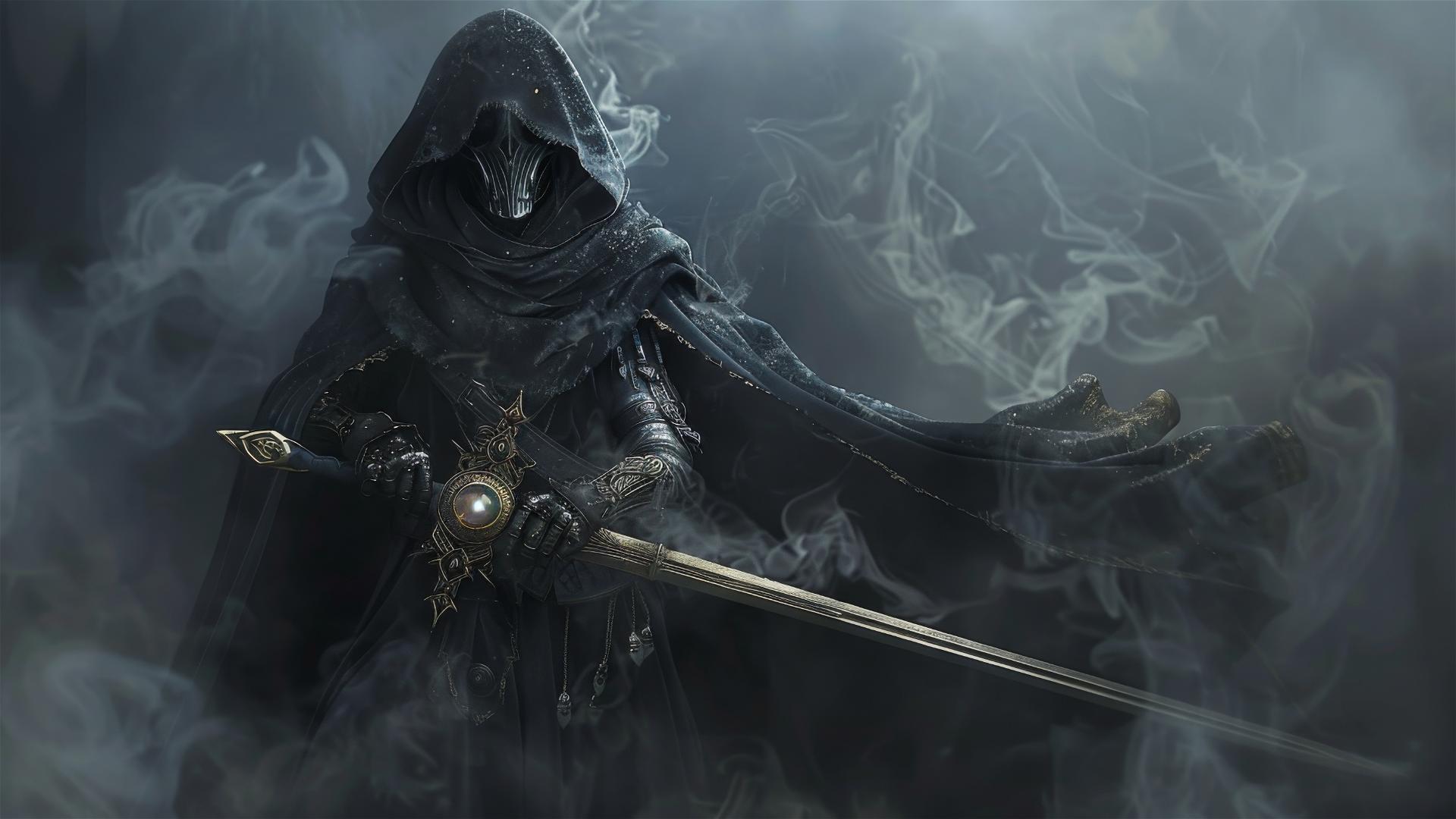 Hooded figure with glowing eyes, black robes, sword amidst smoke