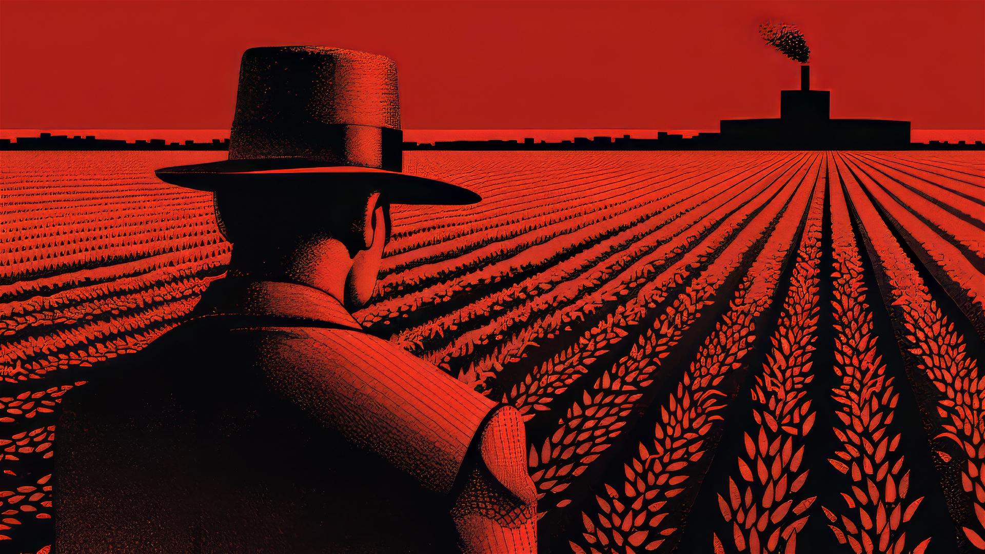 Surreal comic style man in hat observing dark corn field