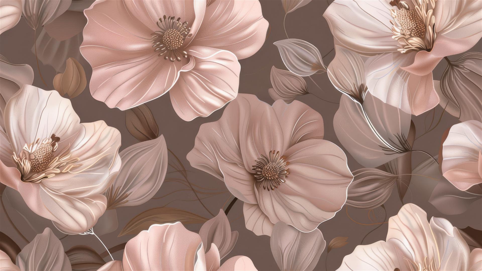 Seamless pattern of large pink and beige flowers on a brown background.