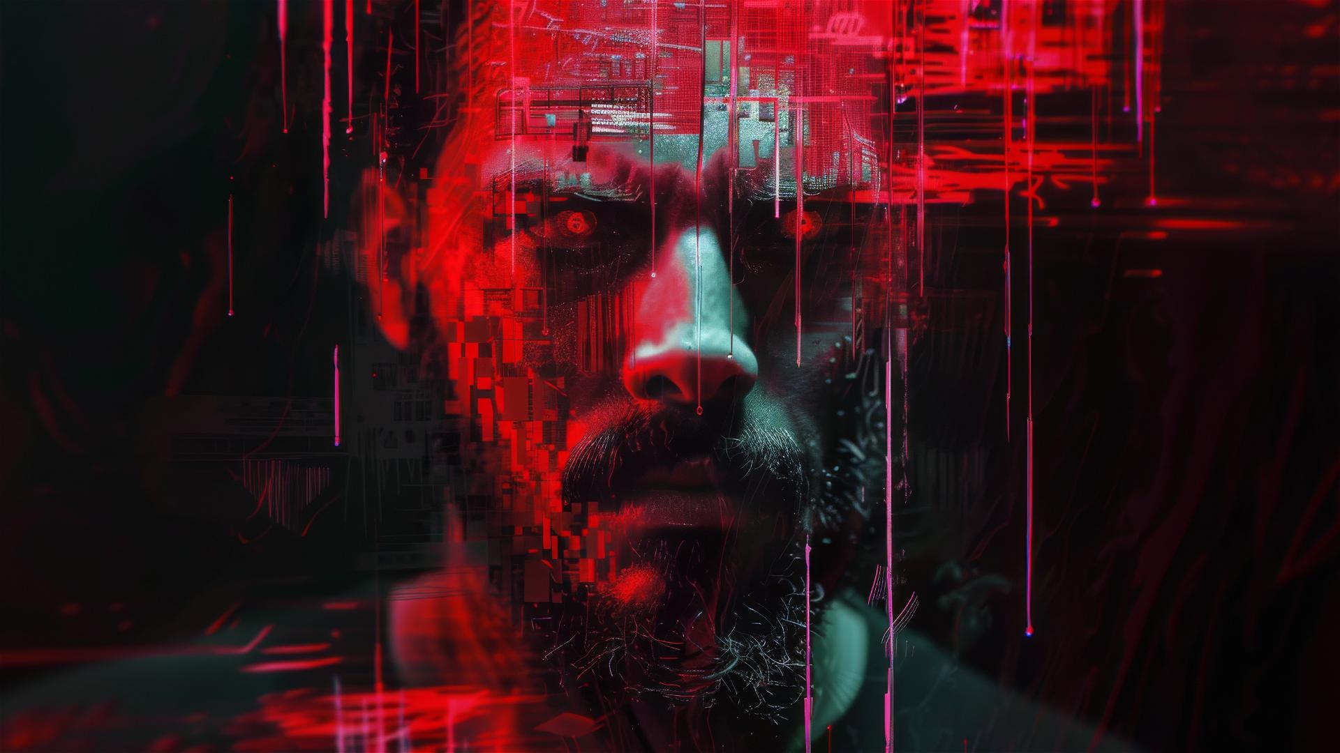 Distorted bearded man with red cybernetic eyes in a creepy VHS glitch collage
