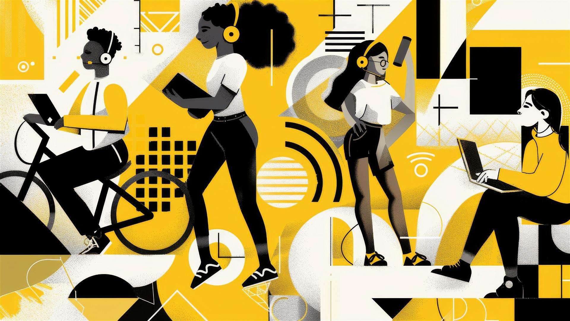 Abstract art with geometric shapes, a man cycling, girl dancing with headphones, another girl reading
