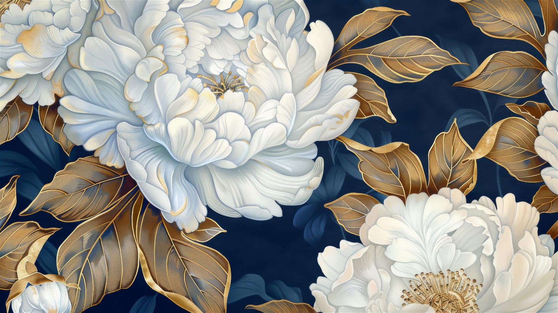 White flowers with gold and blue leaves, vintage style, dark navy blue background