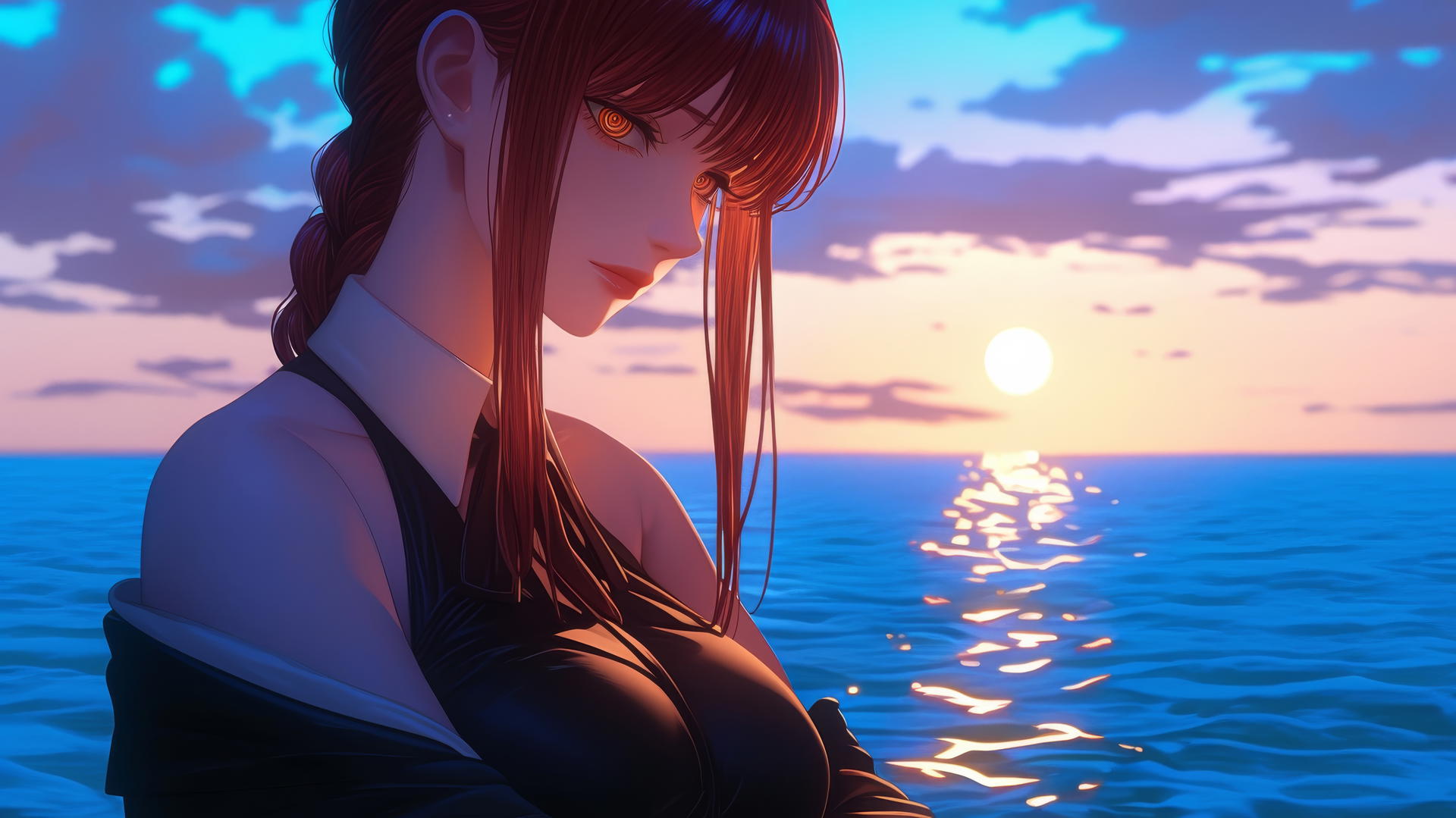 Makima from Chainsaw Man resting at sea during a neon pink sunset.