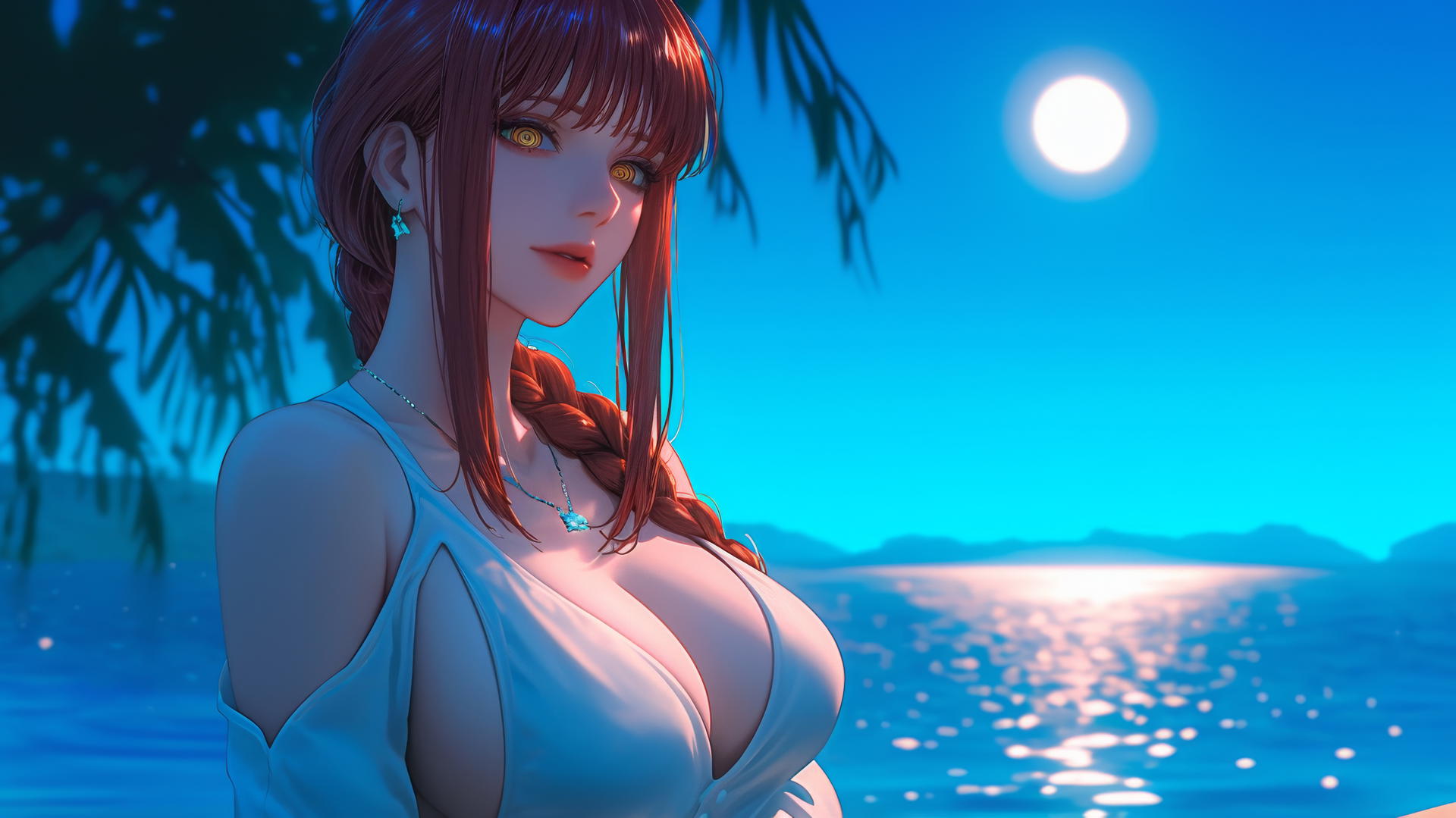 Makima from Chainsaw Man relaxing at romantic neon pink sunset