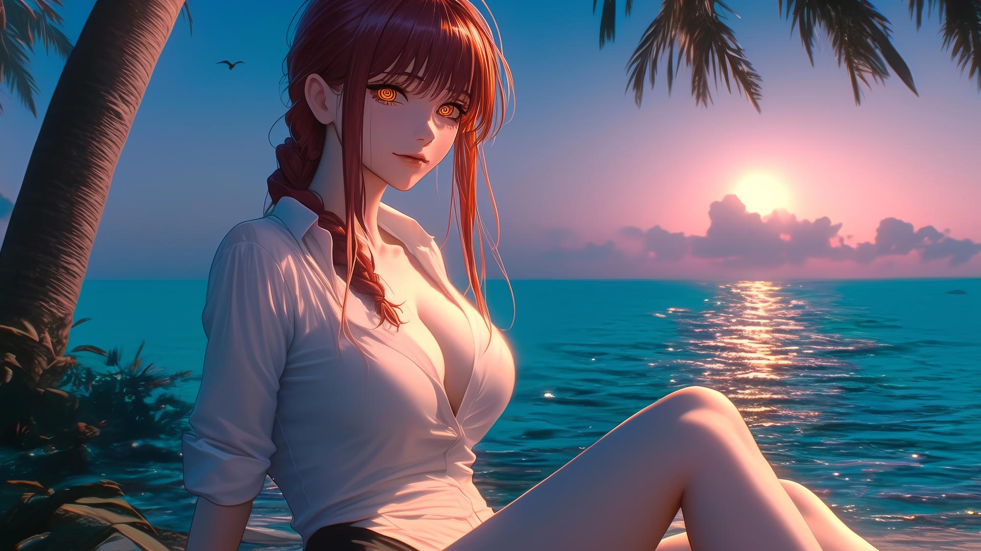 Makima from Chainsaw Man resting at sea during a romantic neon pink sunset.