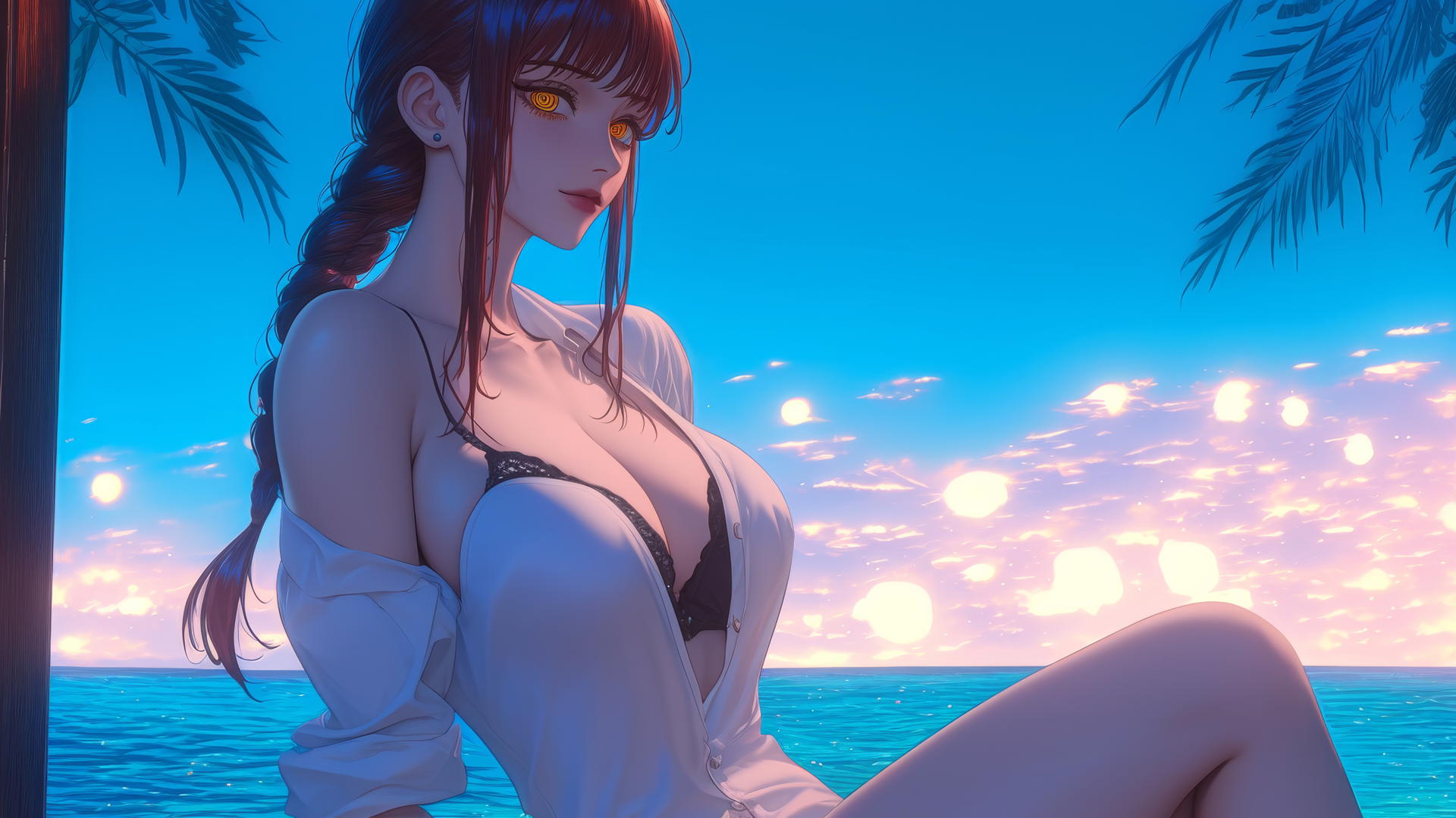 Makima from Chainsaw Man resting at sea at sunset with neon pink sky.