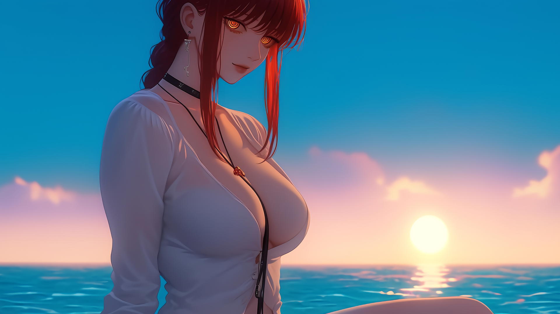 Makima from Chainsaw Man resting at sea during a romantic neon pink sunset.