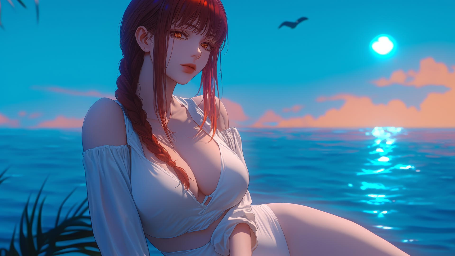 Makima from Chainsaw Man resting at sea during a romantic neon pink sunset