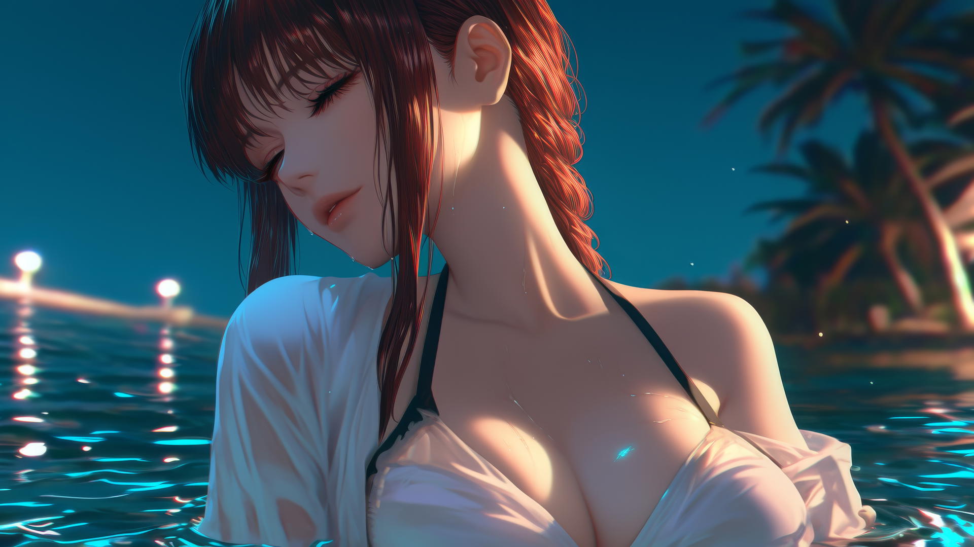 Makima from Chainsaw Man resting at sea during a romantic sunset with neon pink sky.