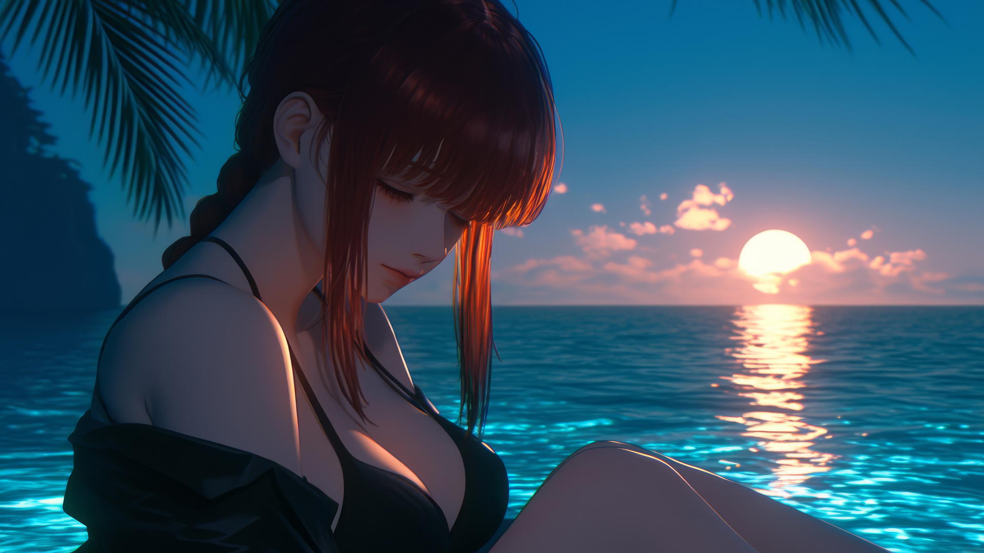Makima from Chainsaw Man resting at sea during a romantic neon pink sunset