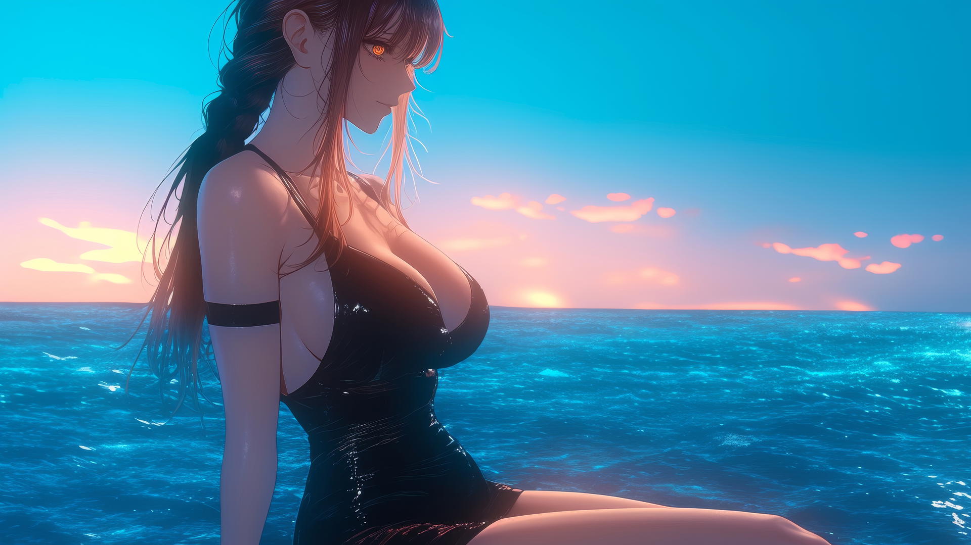 Makima from Chainsaw Man, resting at sea during a romantic sunset with neon pink sky and soft neon glow.