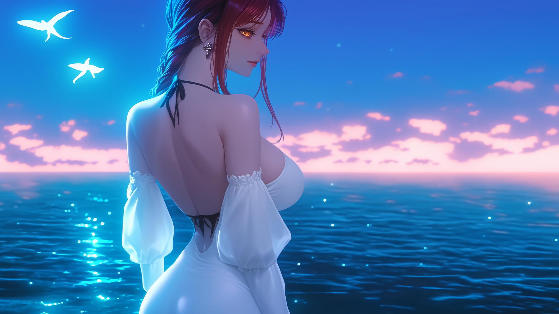 Makima from Chainsaw Man resting at sea during a neon pink romantic sunset