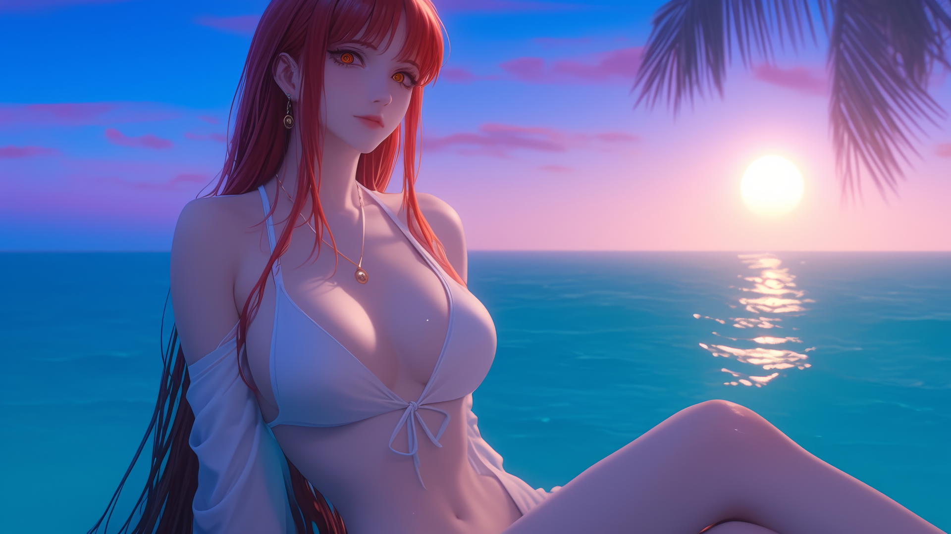 Makima from Chainsaw Man resting at sea during a neon pink romantic sunset.