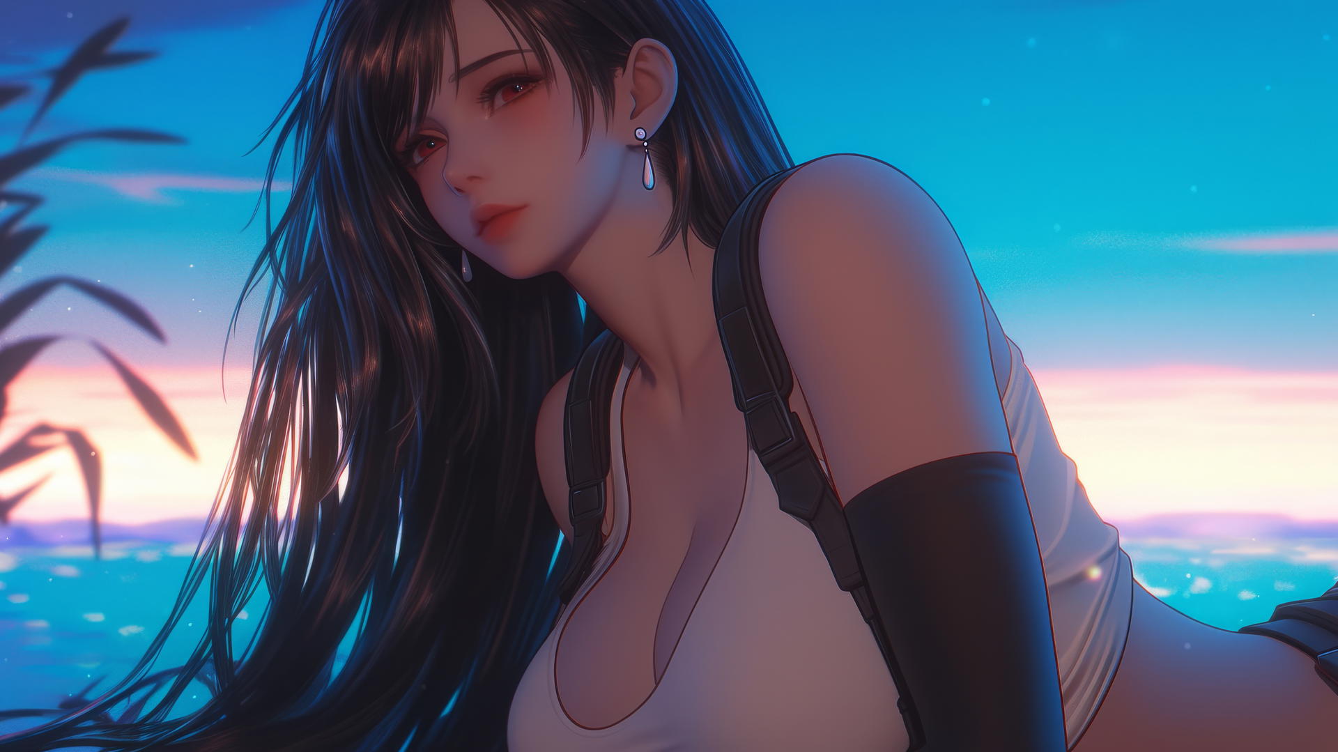 Tifa Lockhart resting at sea during a romantic neon pink sunset with soft glowing neon light.