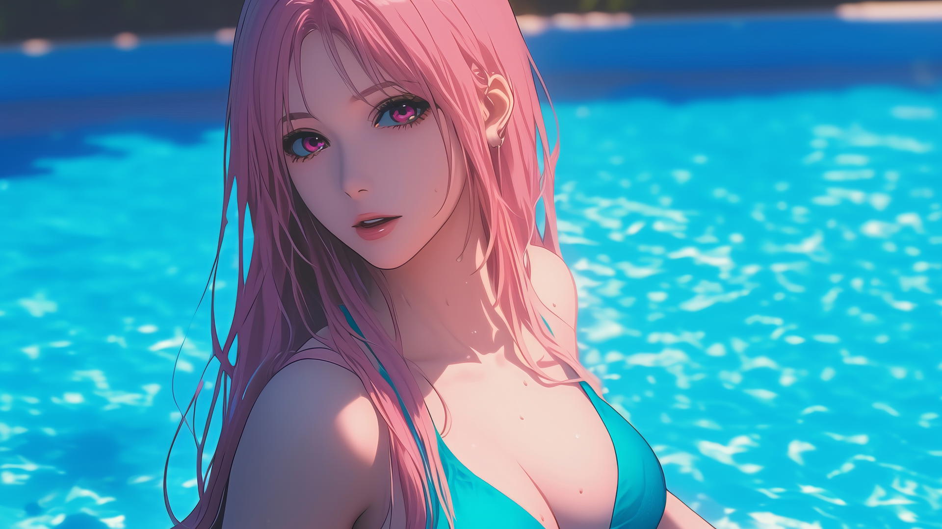 Satsuki Momoi with pink hair and dark pink eyes resting by a sunny pool