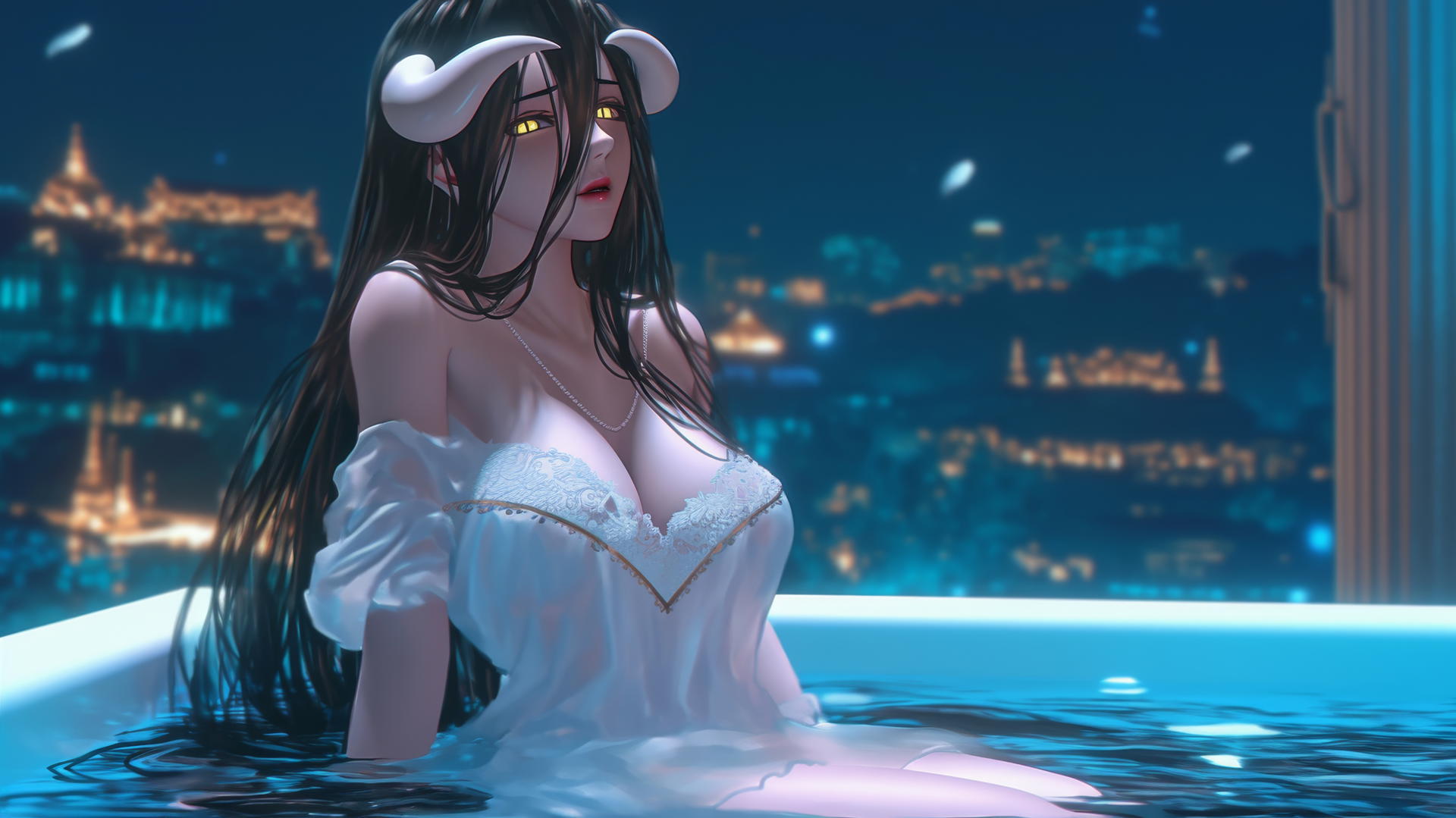 Albedo from Overlord in a modern hotel room with warm lighting.