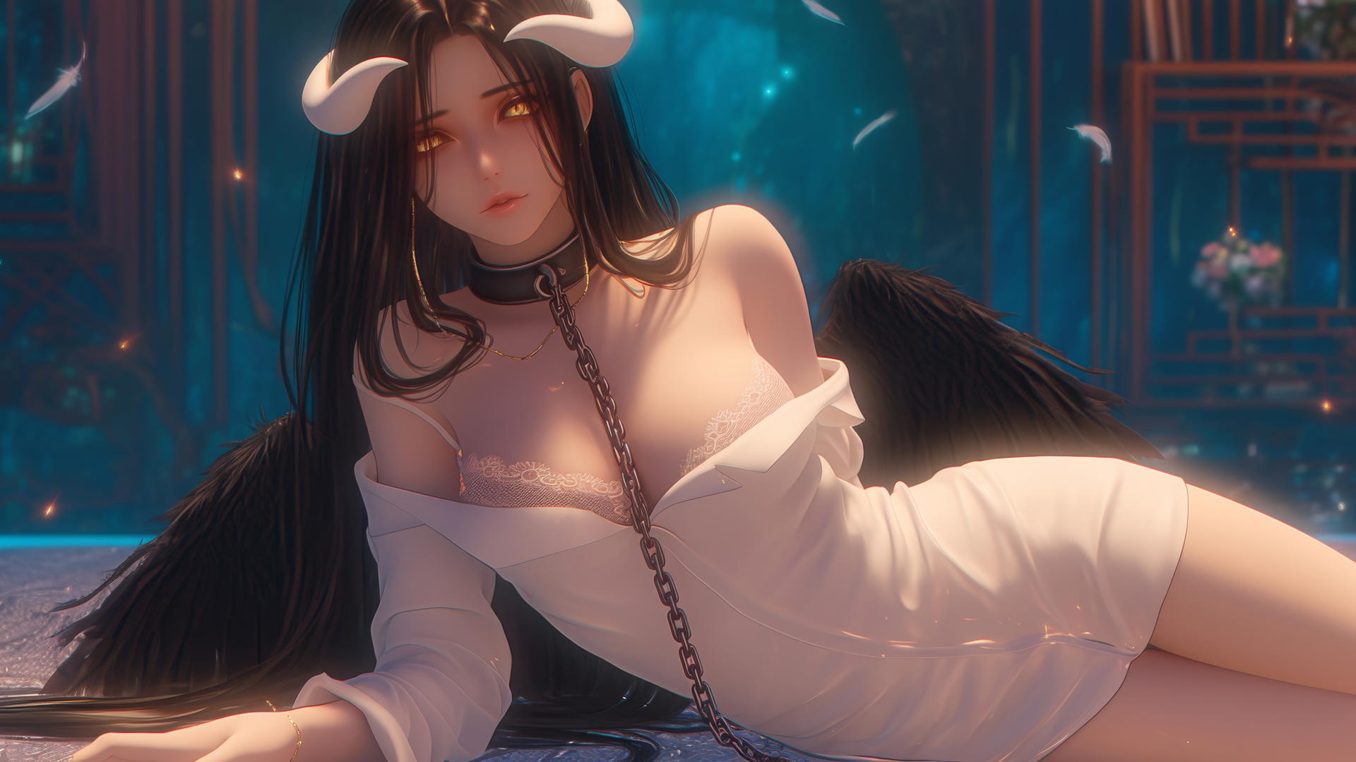 Albedo from Overlord in white office shirt, chained in modern hotel room with soft warm light.