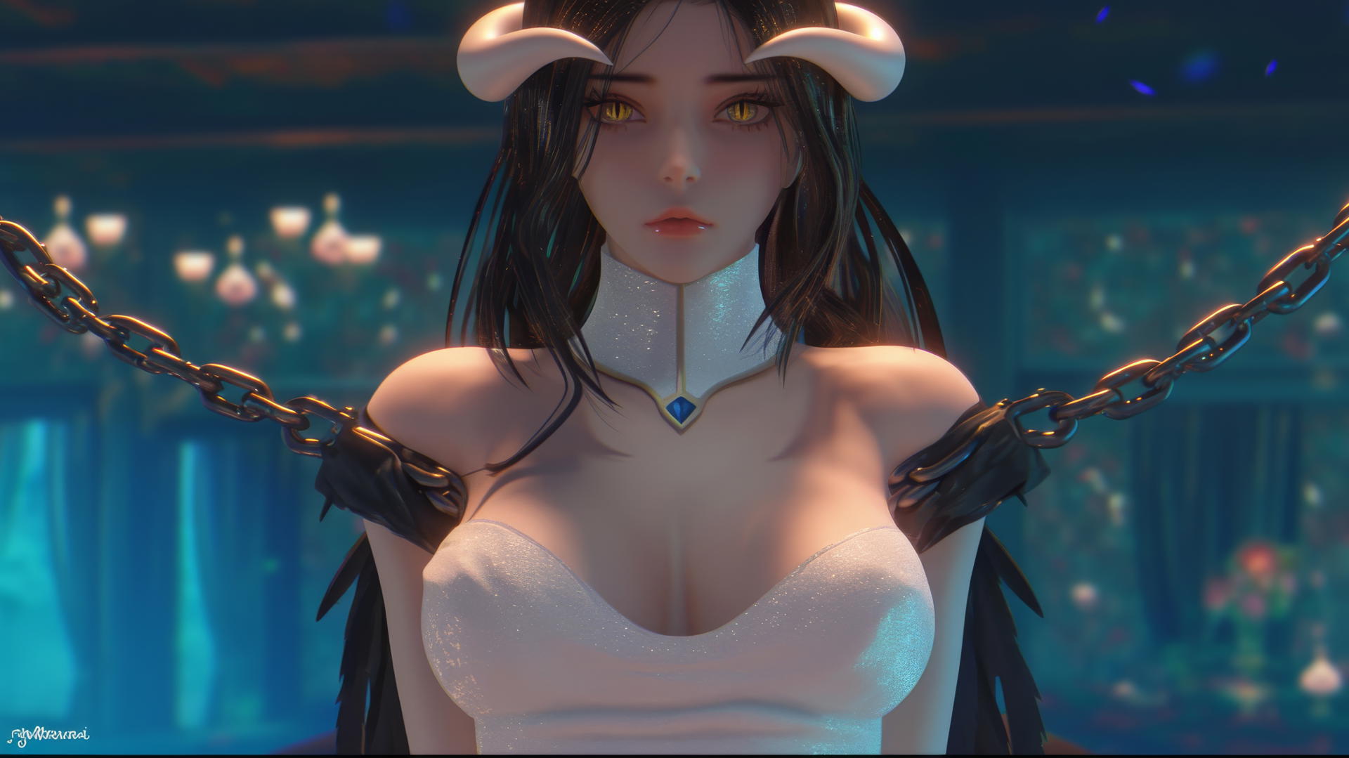 Albedo from Overlord, chained in a modern hotel room with warm light