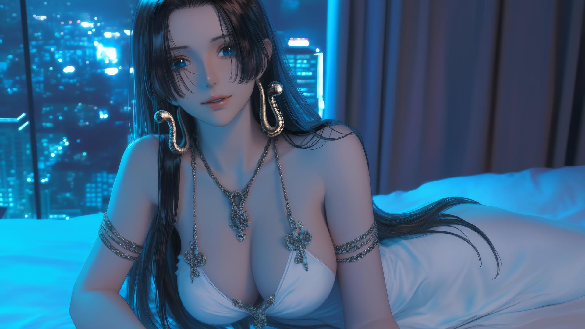 Boa Hancock from One Piece resting in a modern hotel room with neon light