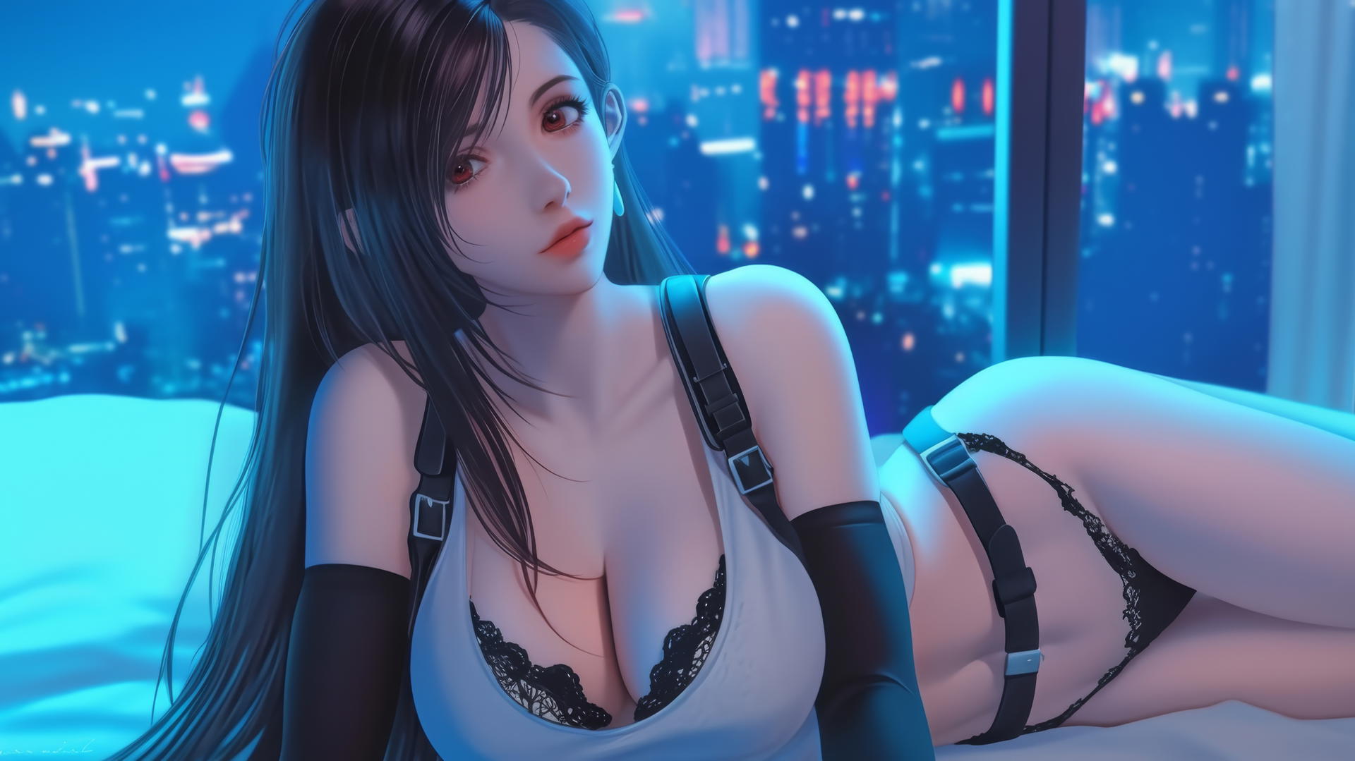 Tifa Lockhart in a modern hotel room with neon light glow.