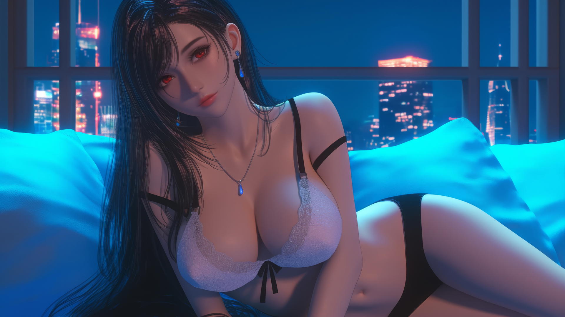 Tifa Lockhart from Final Fantasy in a modern hotel room with neon light glow