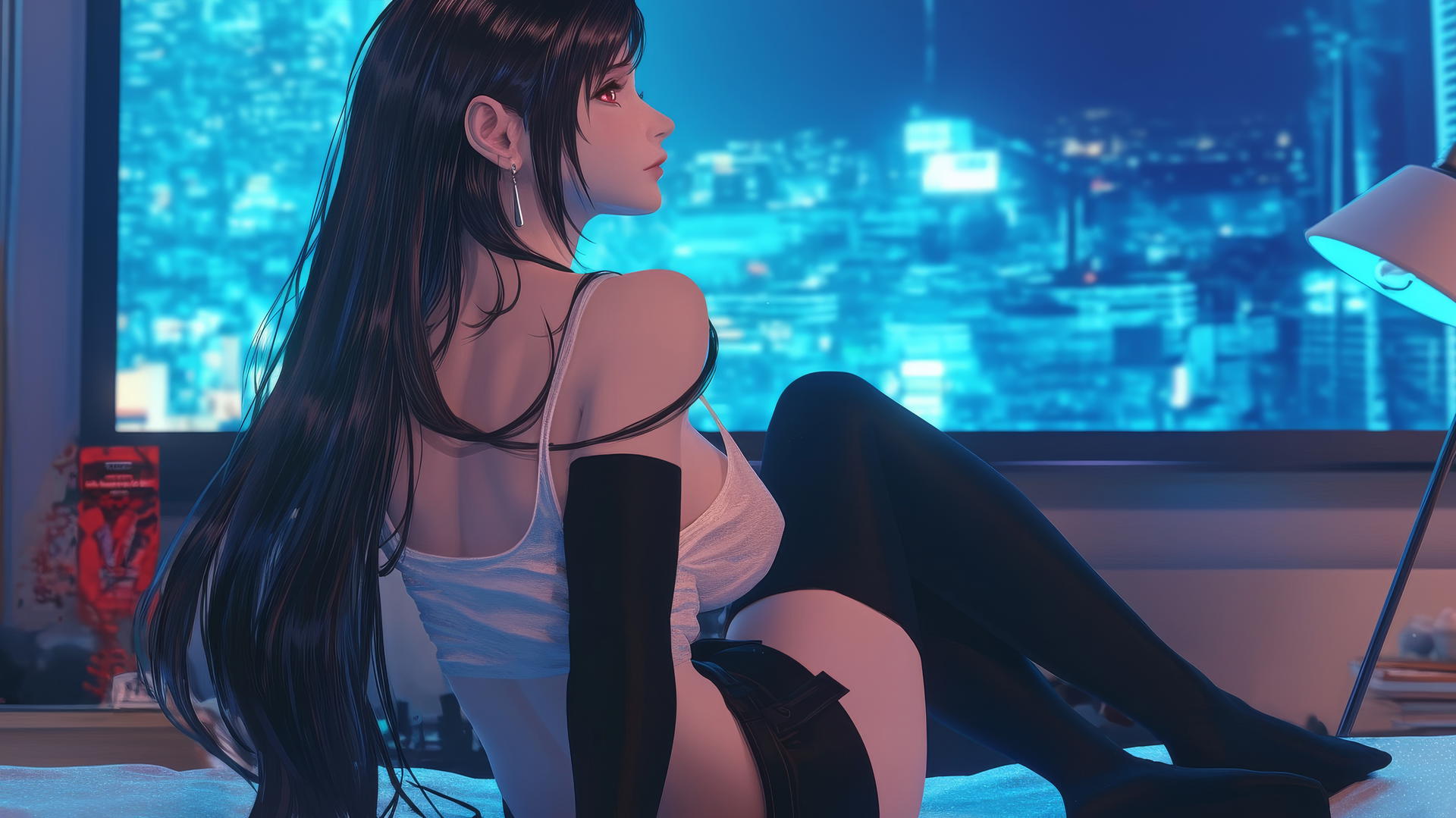 Tifa Lockhart from Final Fantasy resting in a modern hotel room with neon lighting.