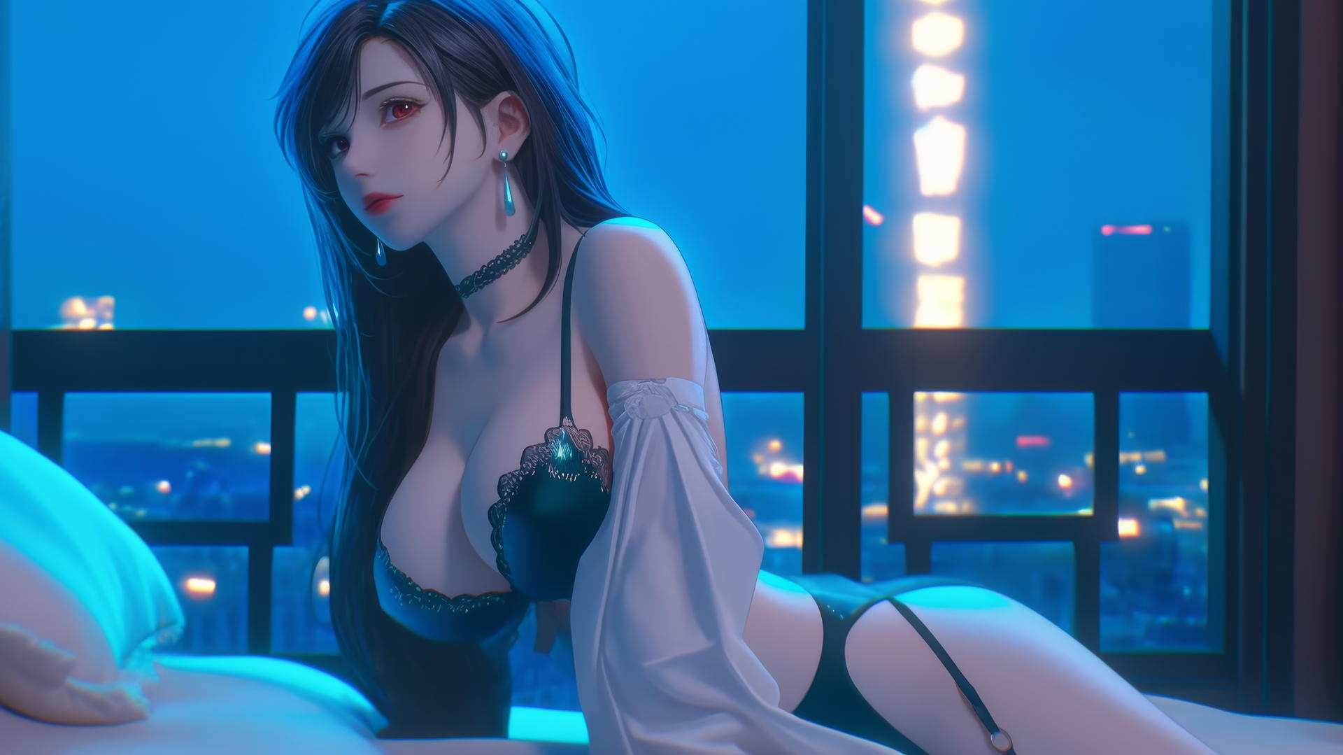 Tifa Lockhart resting in a modern hotel room with neon light casting a soft glow on her figure.
