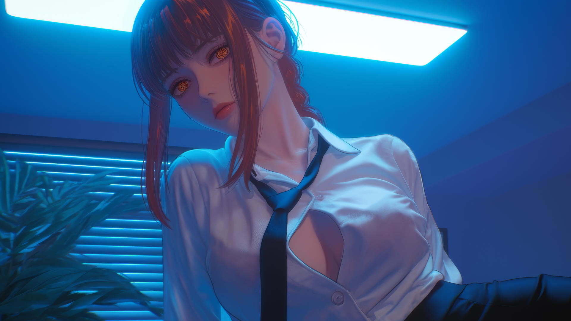 Makima from Chainsaw Man kneeling, seen from below with neon hotel room light.