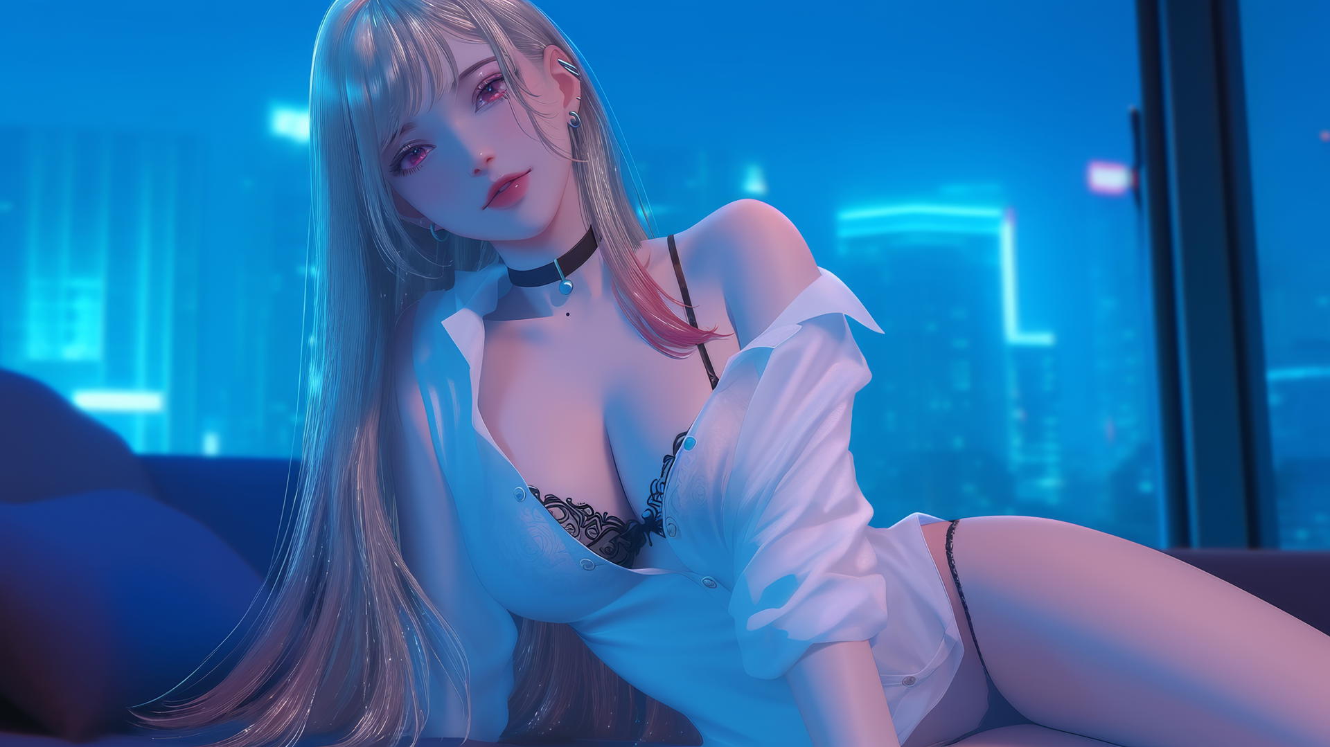 Marin Kitagawa kneeling in neon-lit hotel room with pinkish eyes and silky blonde hair.