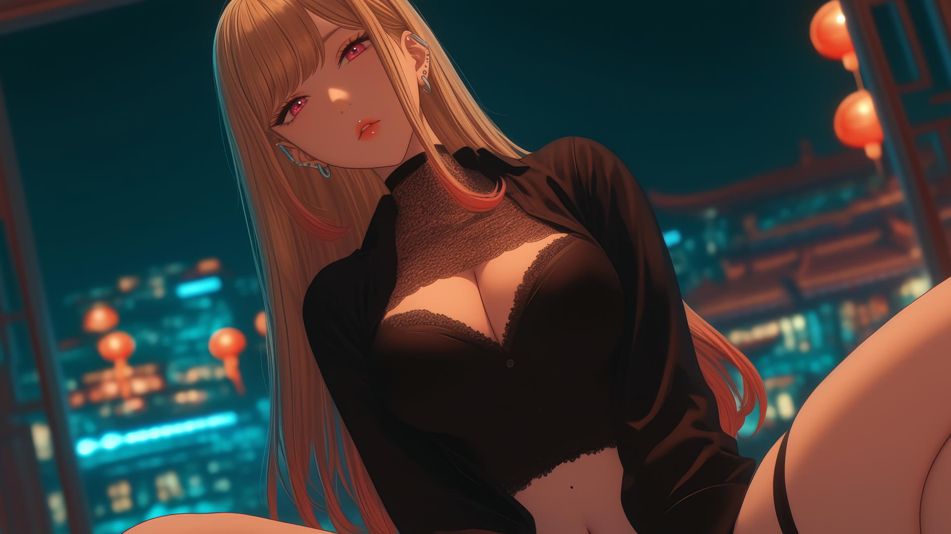Marin Kitagawa kneels, neon glow highlighting her beauty