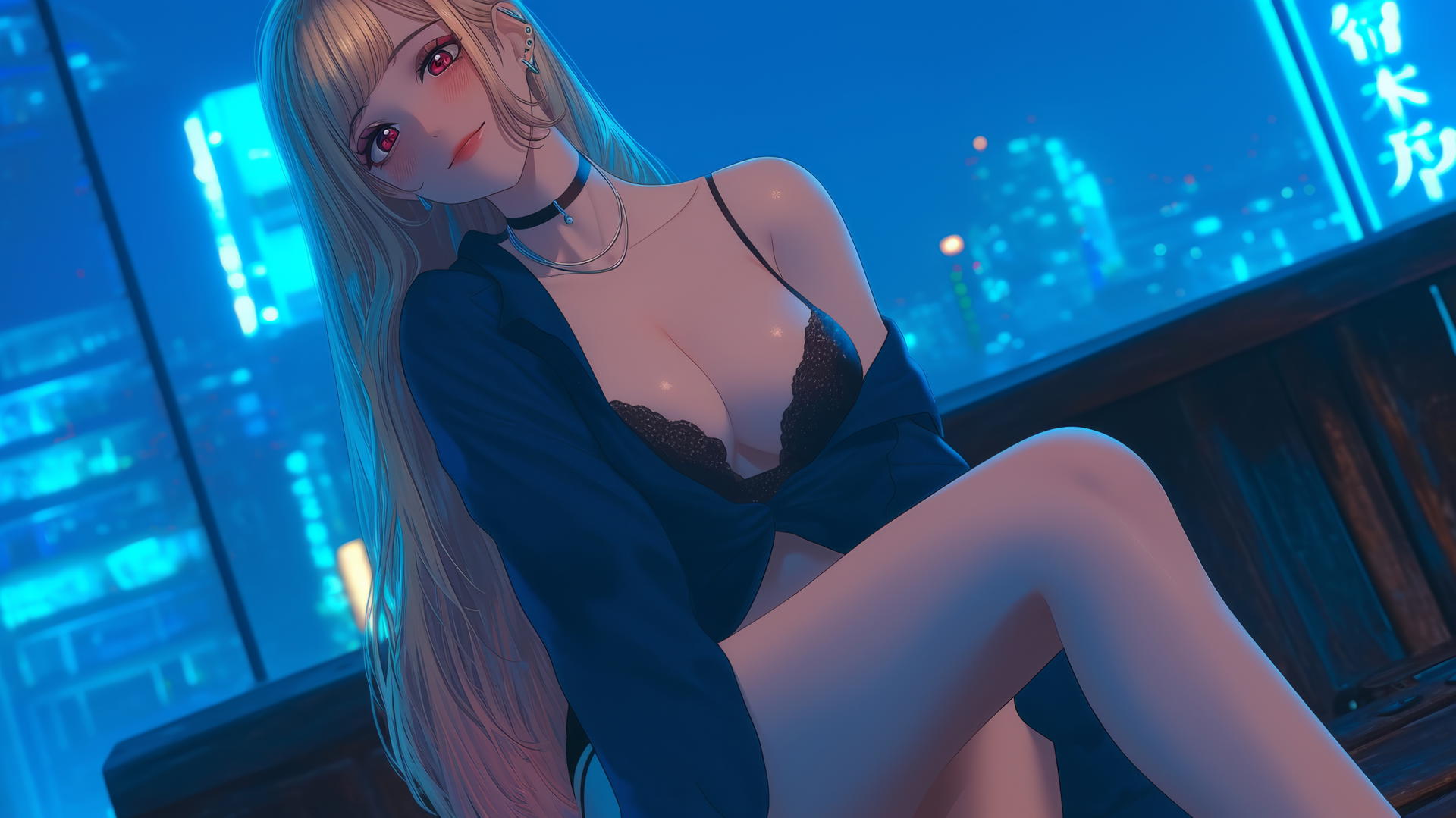 Marin Kitagawa kneeling in a neon-lit hotel room, looking down with silky blonde hair and pinkish eyes.