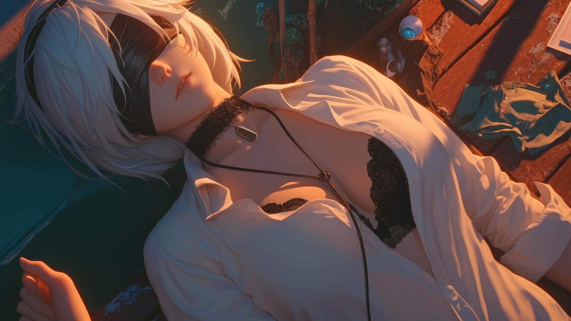 2B from Nier seen from above in a white office shirt, wearing a black blindfold, under neon light.