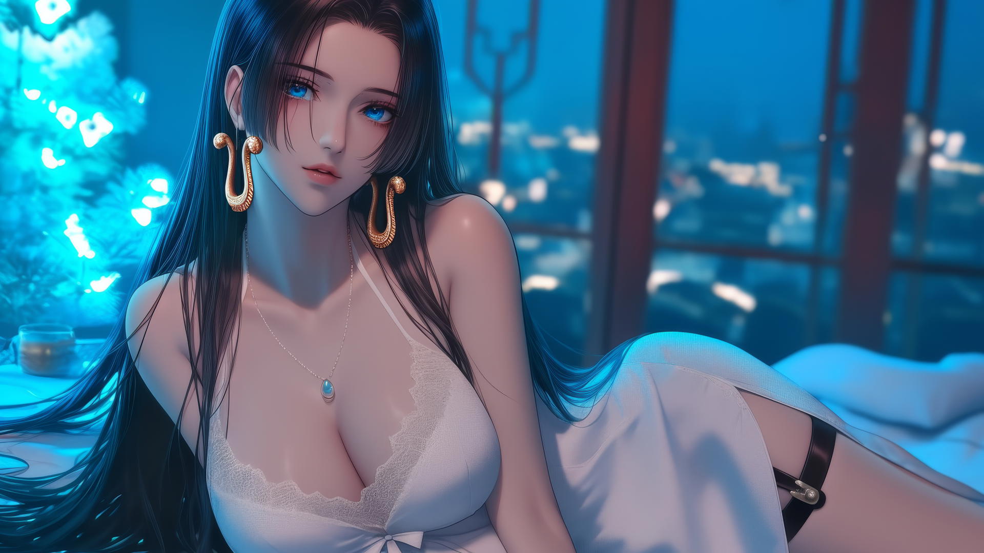 Boa Hancock from One Piece in a modern hotel room with neon lighting.
