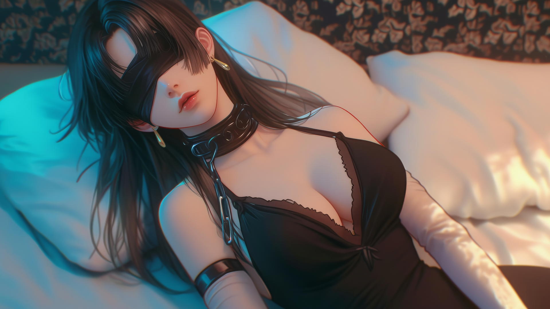 Boa Hancock from One Piece kneeling with eyes blindfolded in neon-lit modern hotel room.