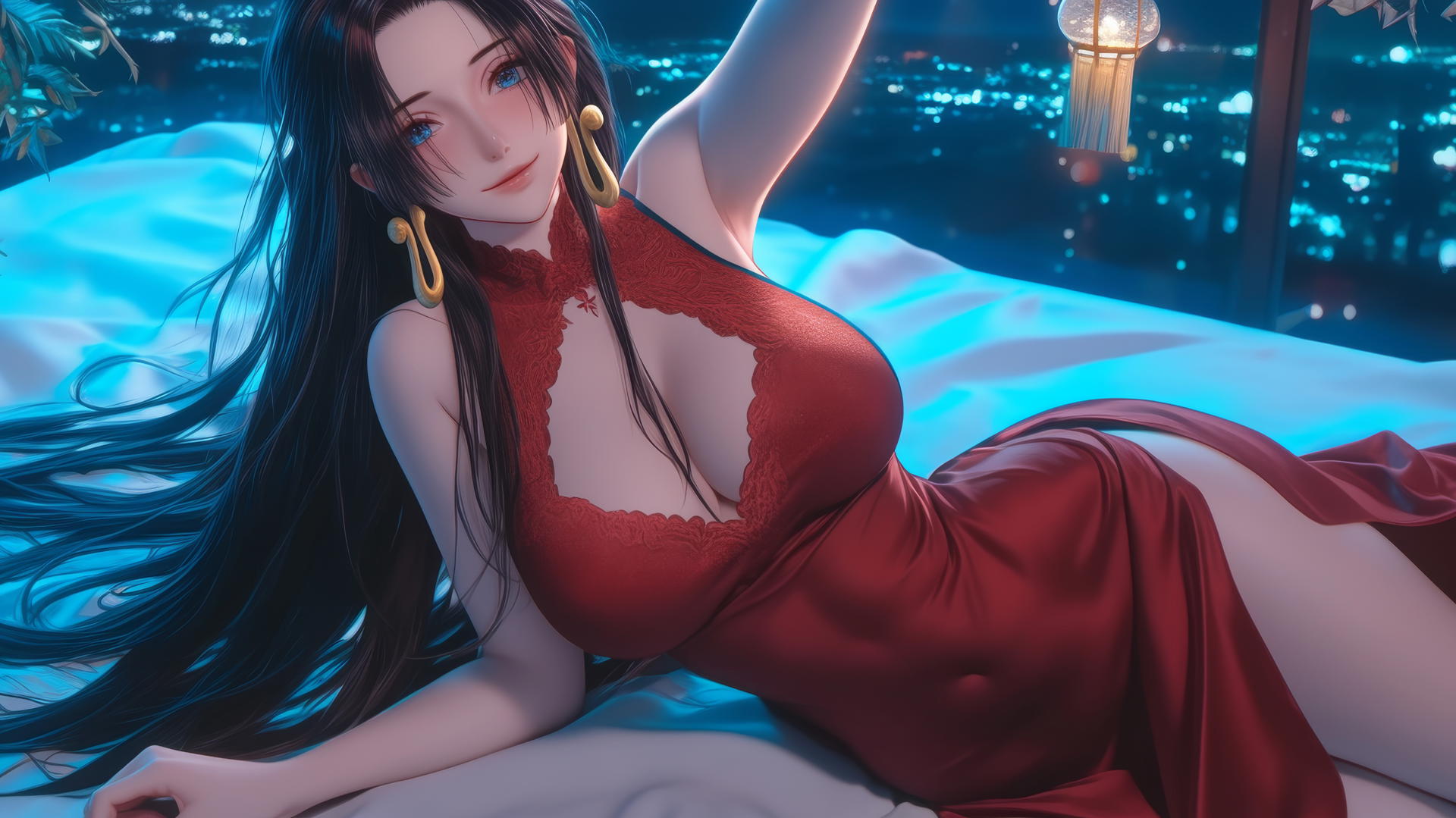 Boa Hancock kneeling, wearing red, neon-lit modern hotel room