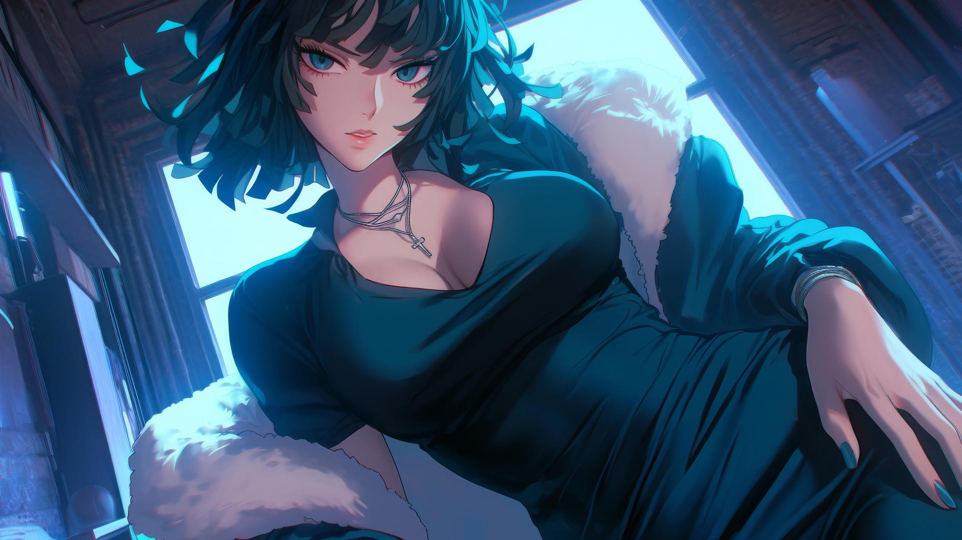 Fubuki from One Punch Man kneeling, looking down with neon-lit hotel ceiling in the background.