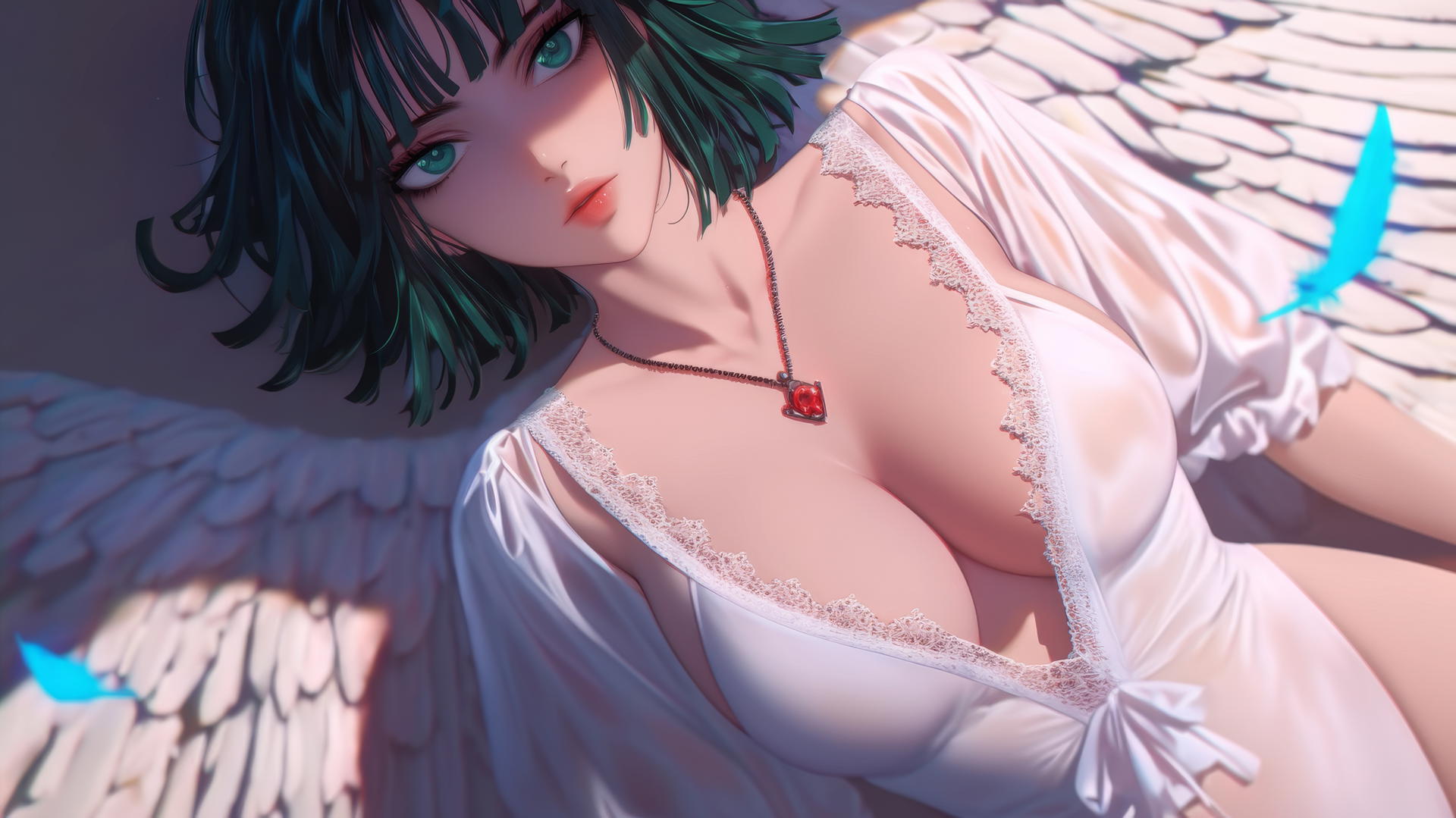 Fubuki from One Punch Man kneeling in a neon-lit hotel room, looking up, with dark green bobbed hair and light green eyes.