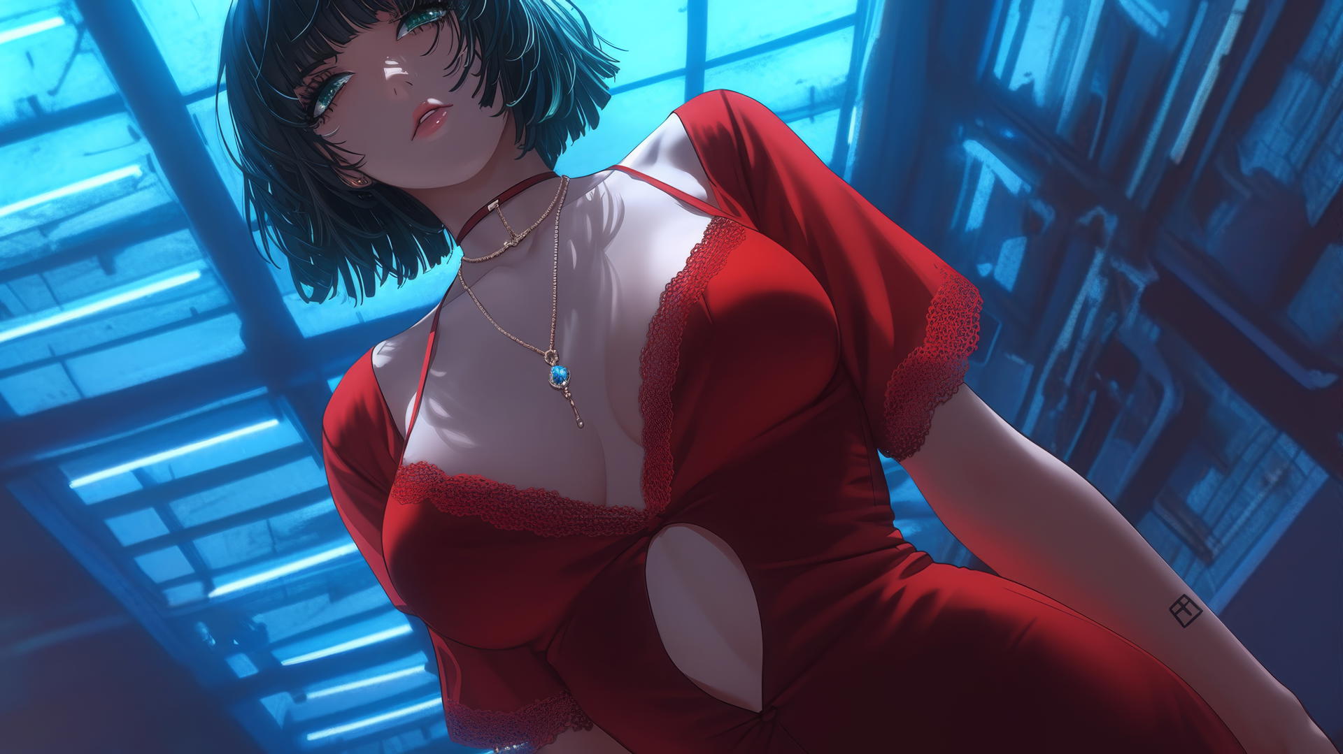 Fubuki from One Punch Man, seen from below with dark green bob hairstyle, in red outfit, under neon-lit hotel ceiling, looking down.