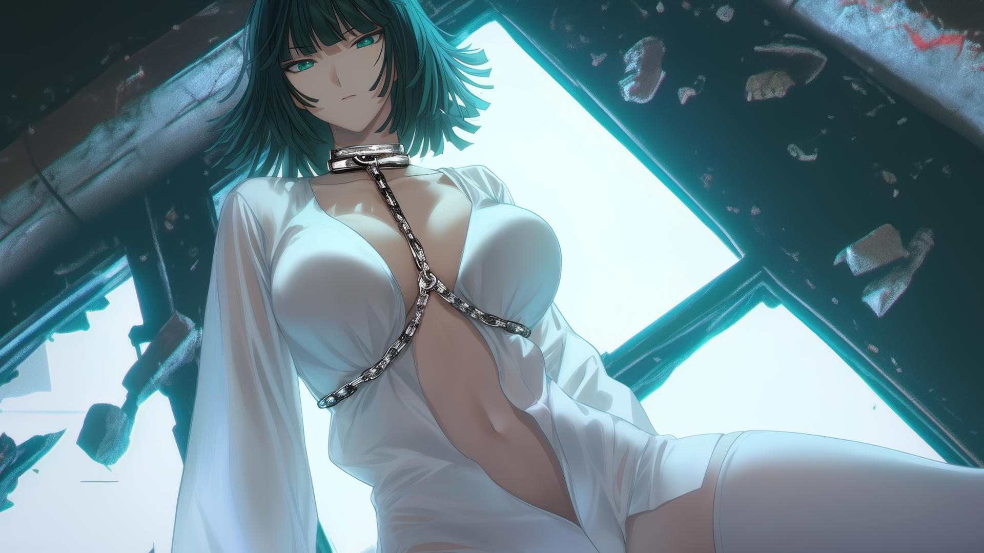 Fubuki from One Punch Man, seen from below, locked in chains, with neon-lit hotel ceiling background.